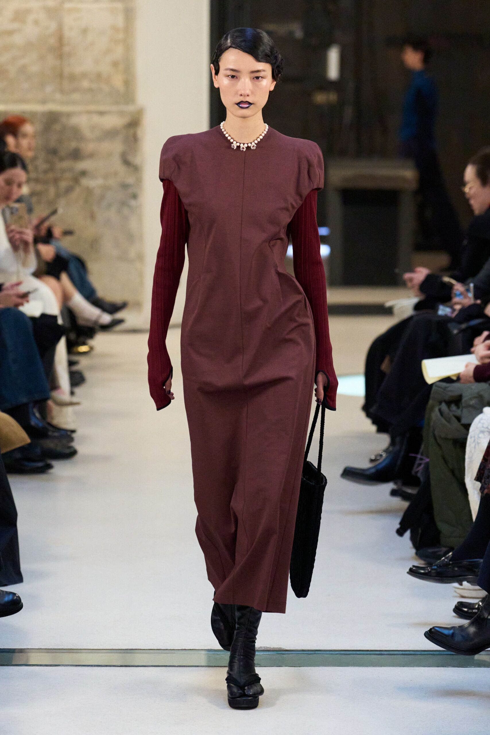 maroon cotton long-sleeve high-neck fitted straight-leg midi dress