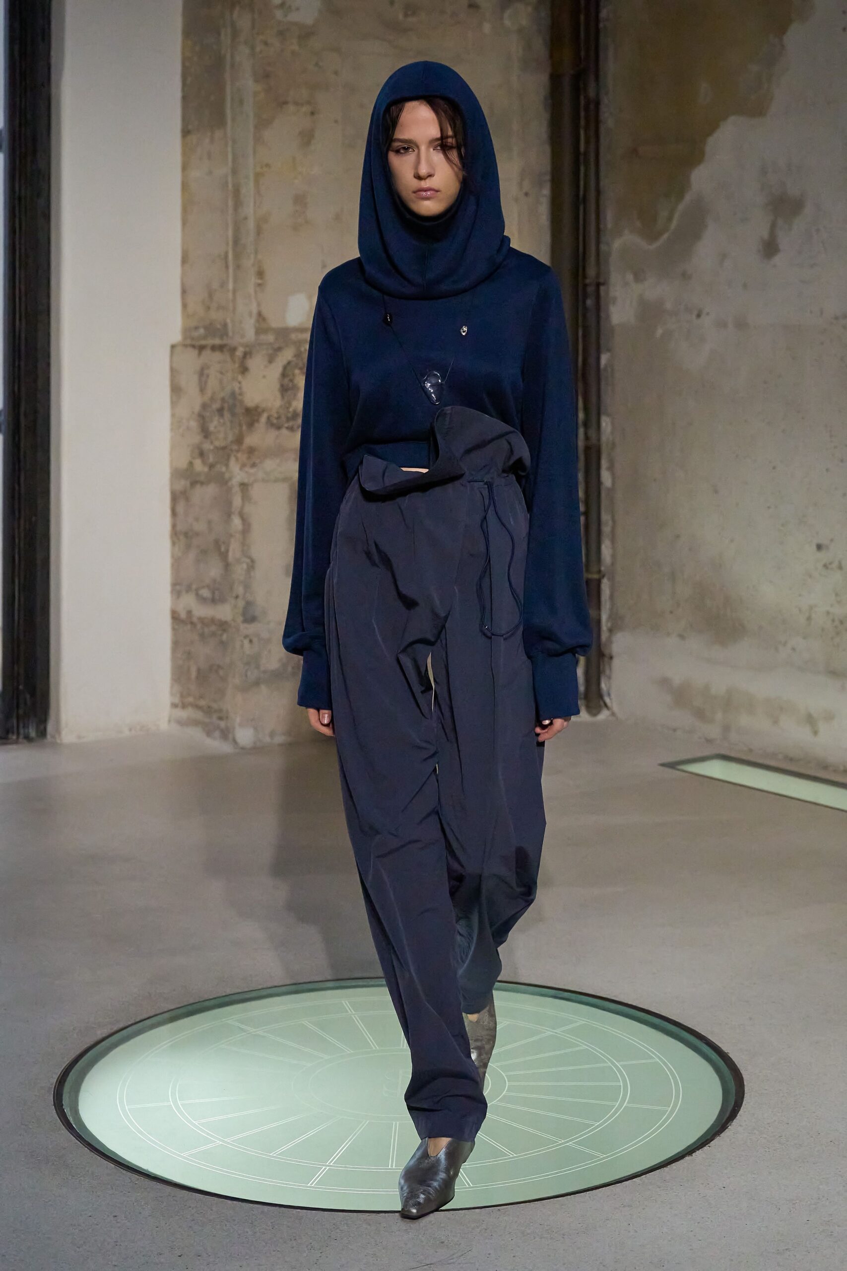 blue velvet hooded top with fitted pants