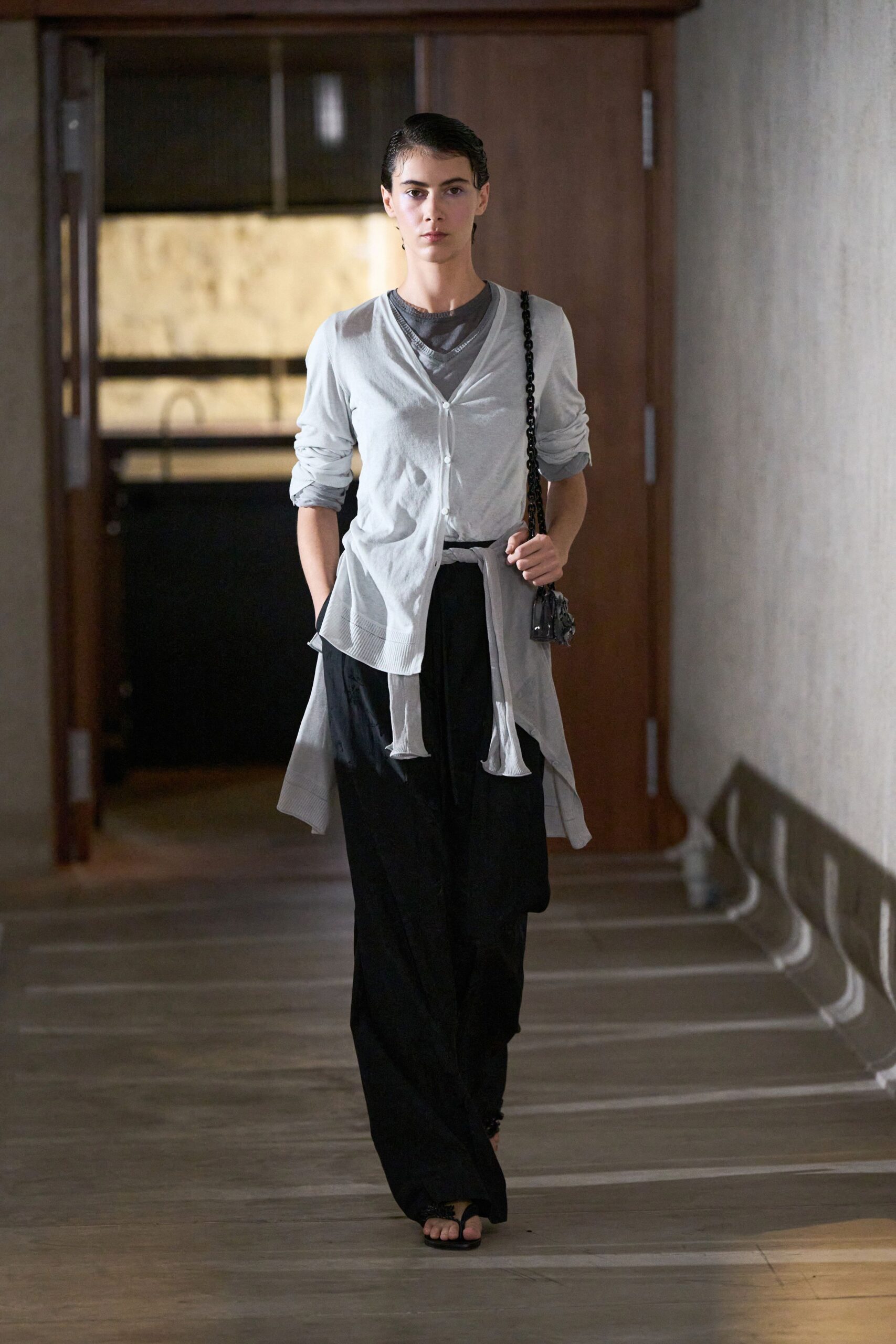 gray cardigan with black pants