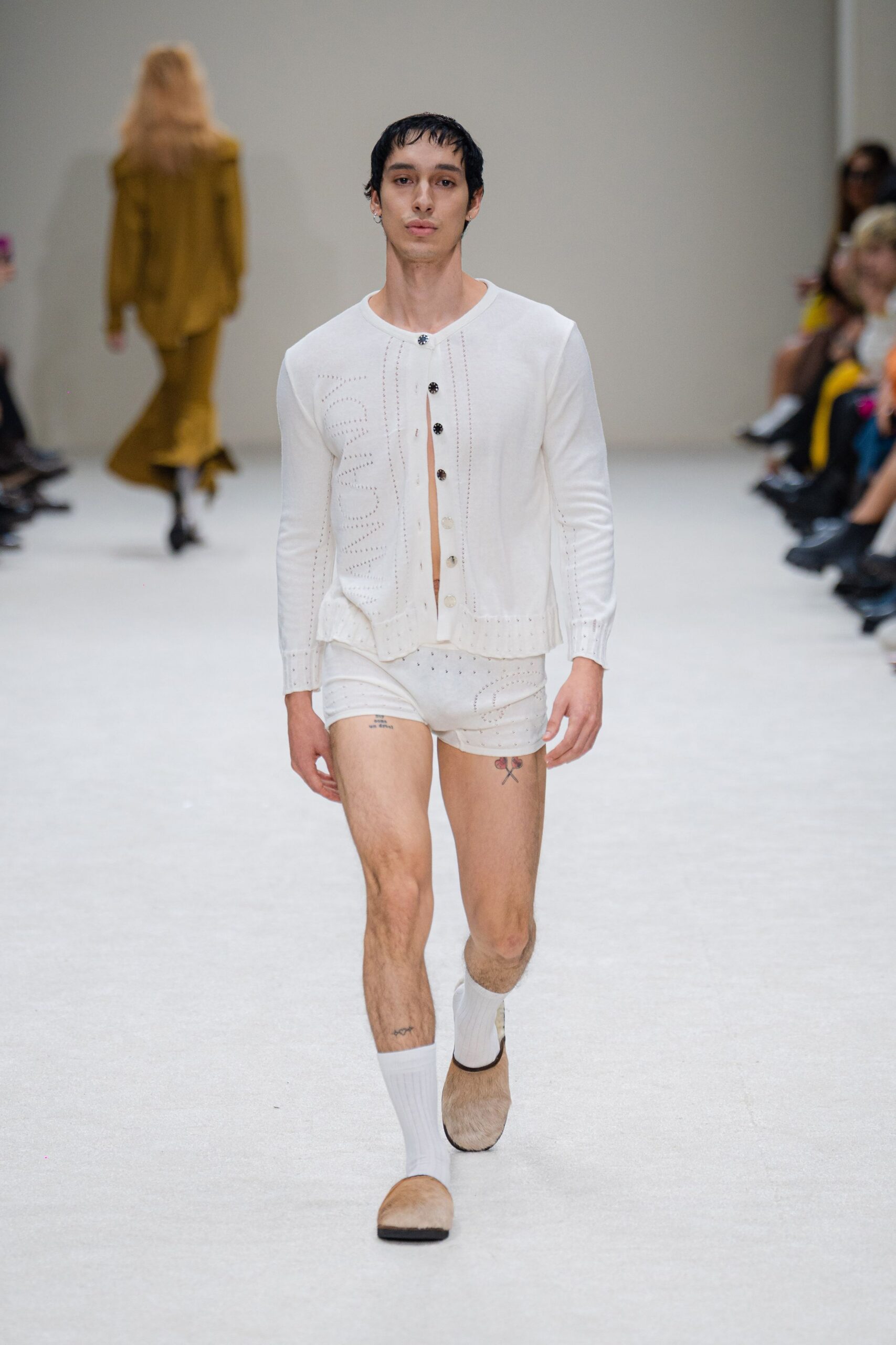 white cotton long-sleeve collared fitted buttoned embroidered cardigan