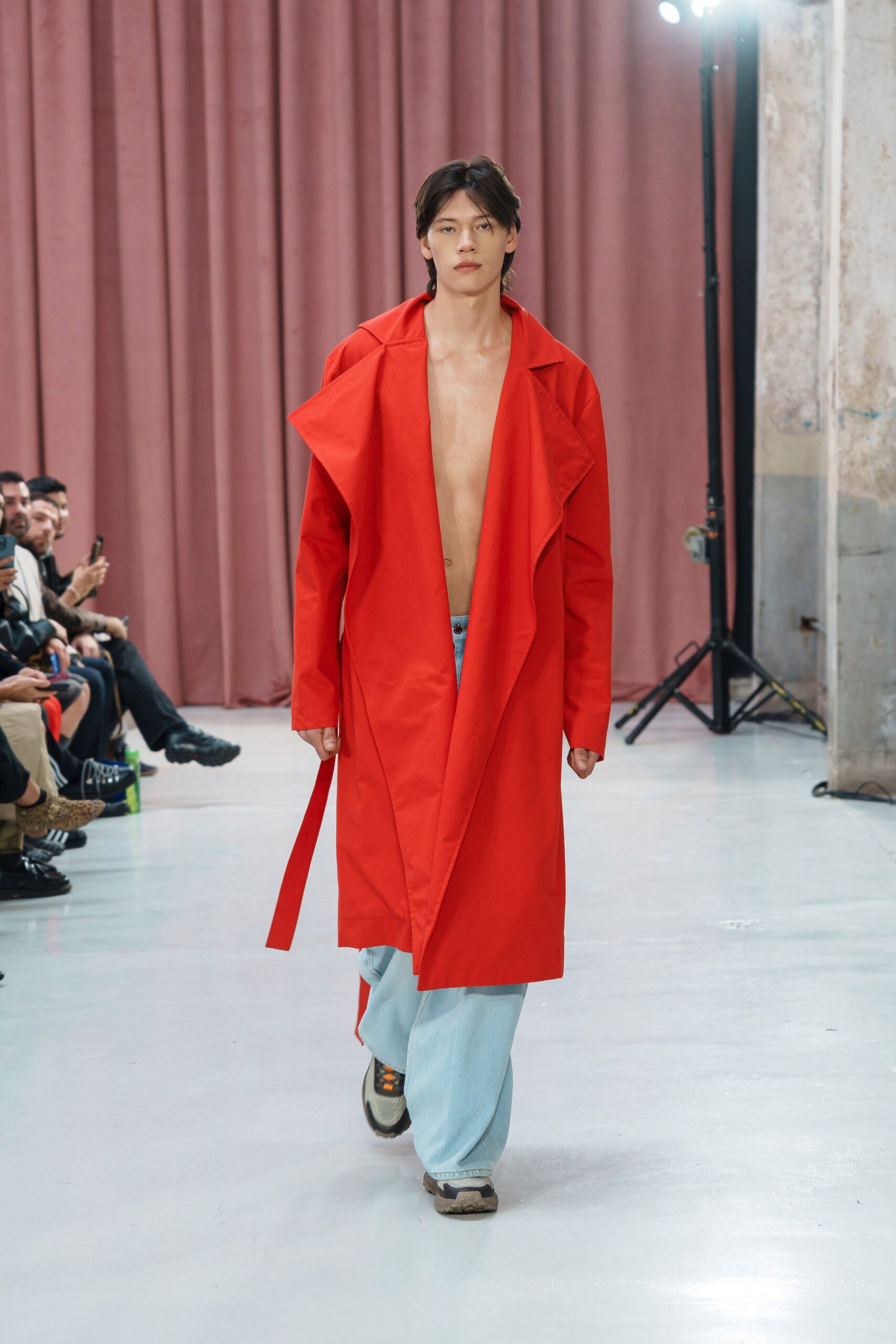 red cotton long-sleeve collared relaxed draped coat