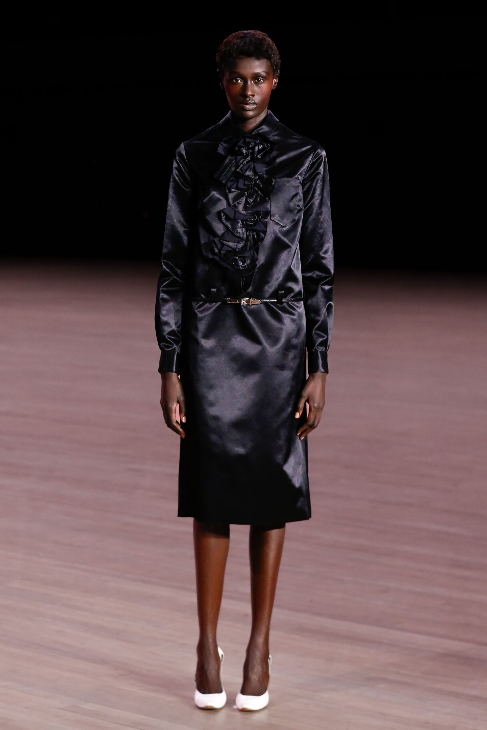 black silk long-sleeve collared fitted ruffled shiny dress