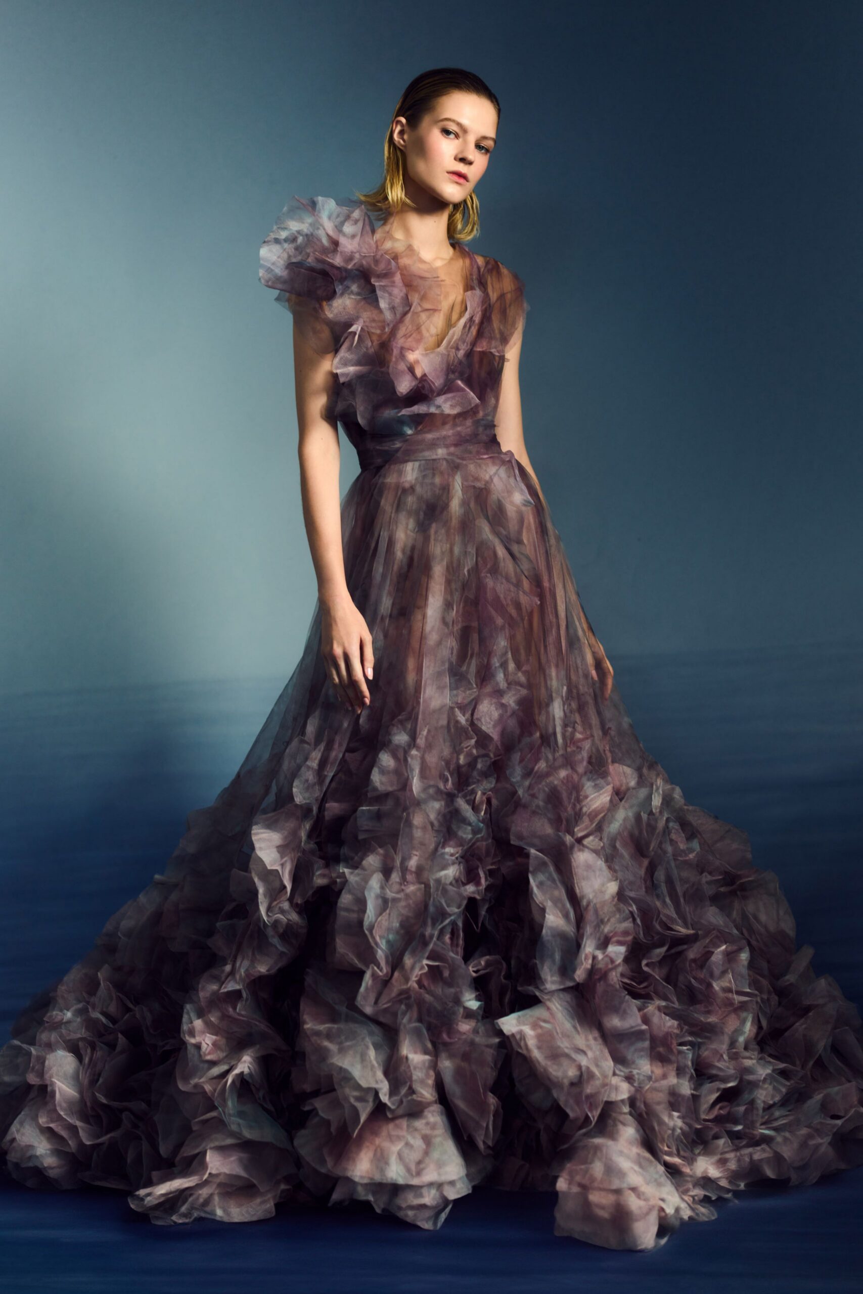 purple pink ruffled tulle gown