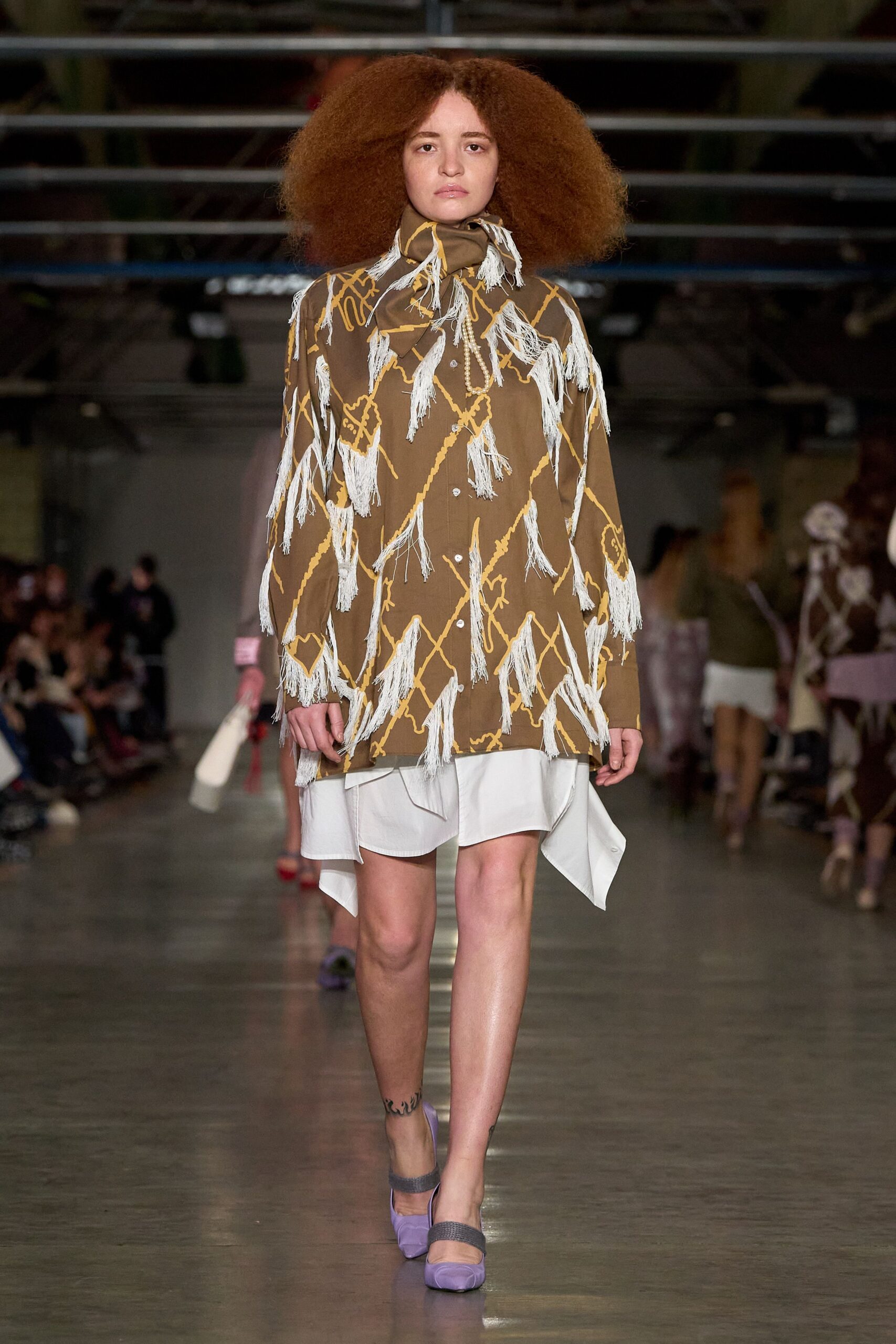 brown cotton long-sleeve collared oversized fringed printed coat