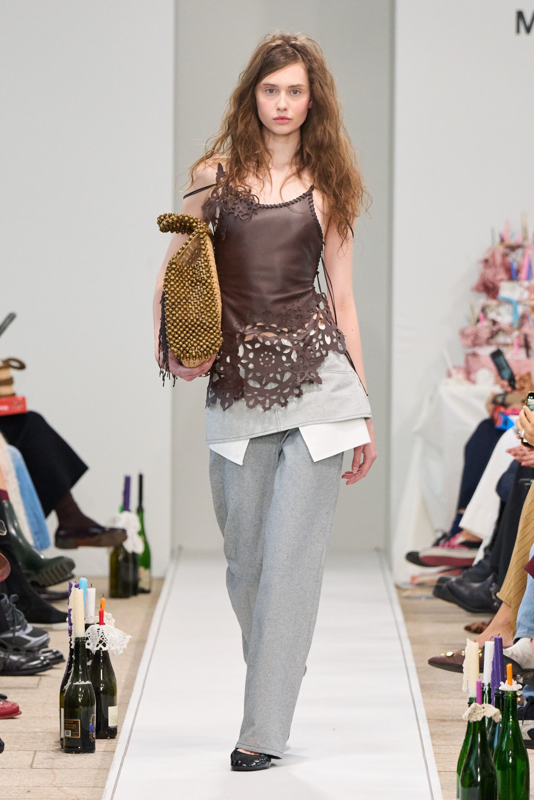 brown silk sleeveless fitted embroidered top
