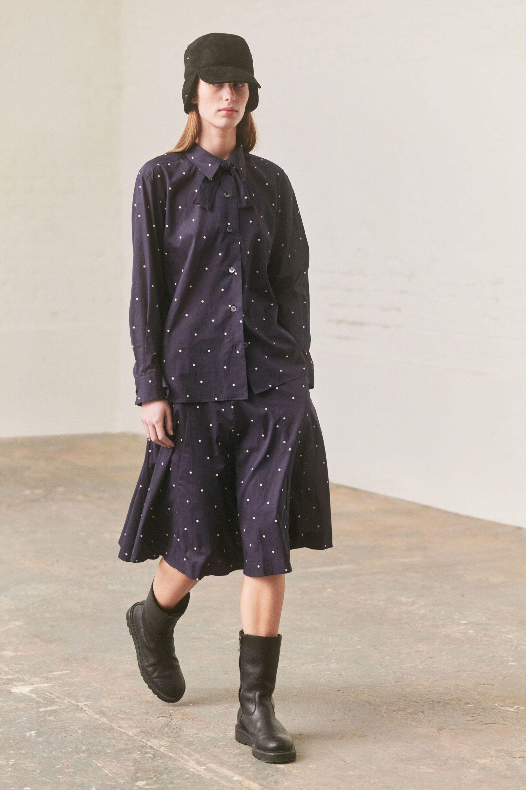 navy shirt-dress with black boots
