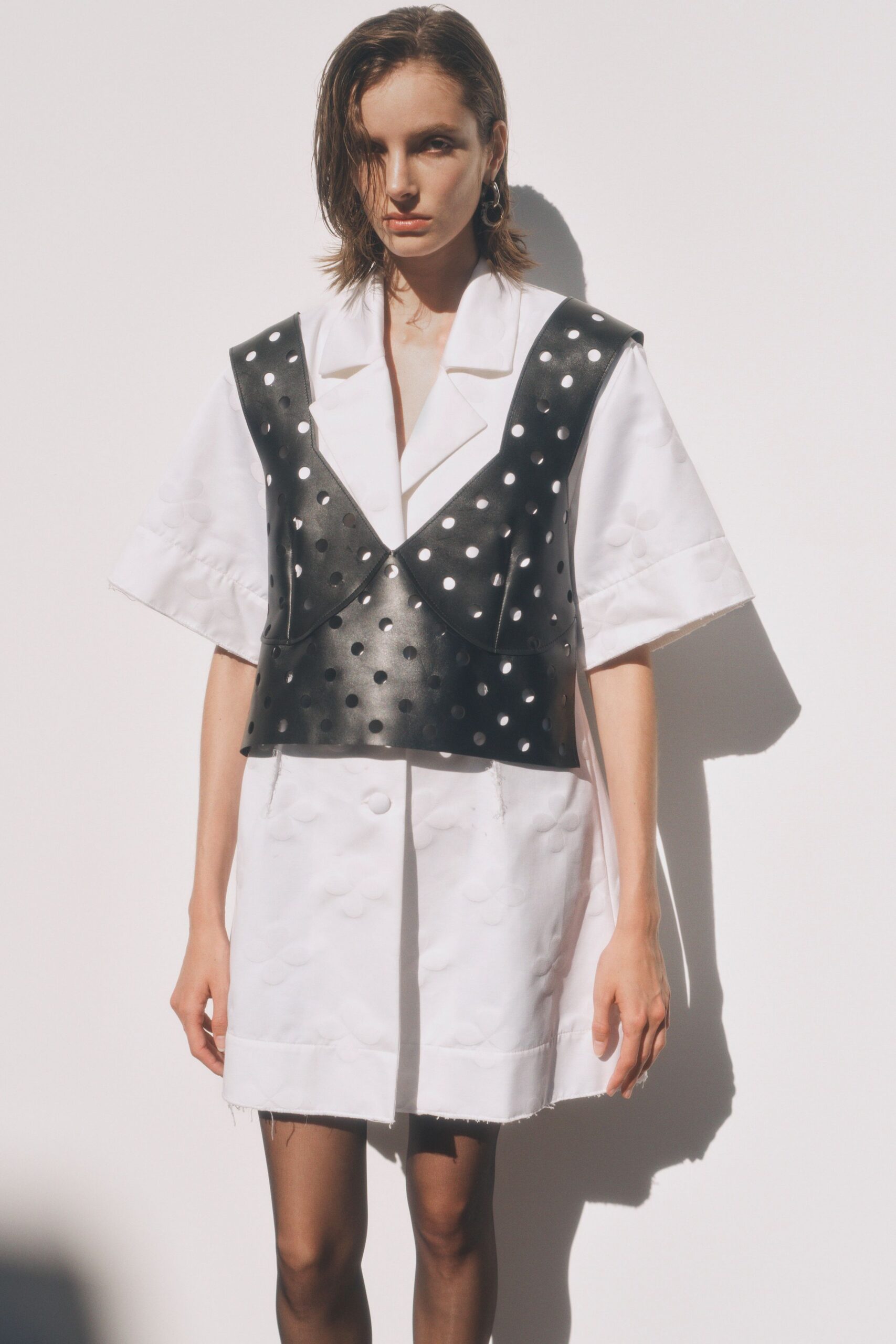 white cotton short-sleeve collared relaxed buttoned pockets dress
