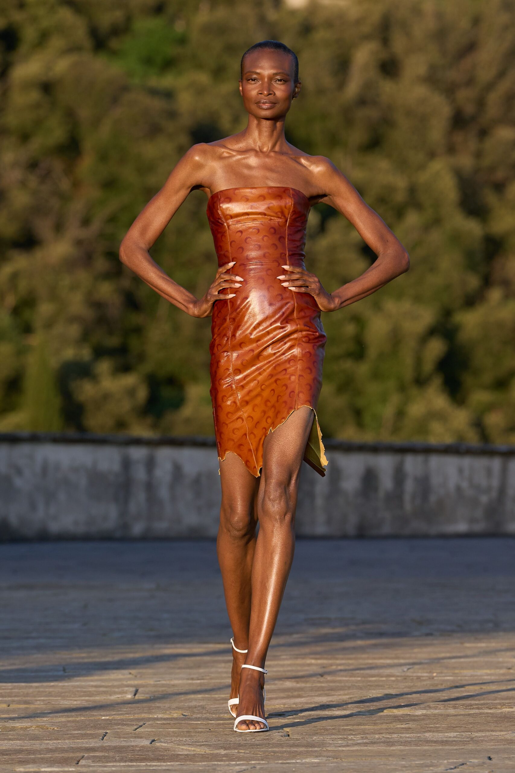brown leather strapless slit fitted embellished mini dress