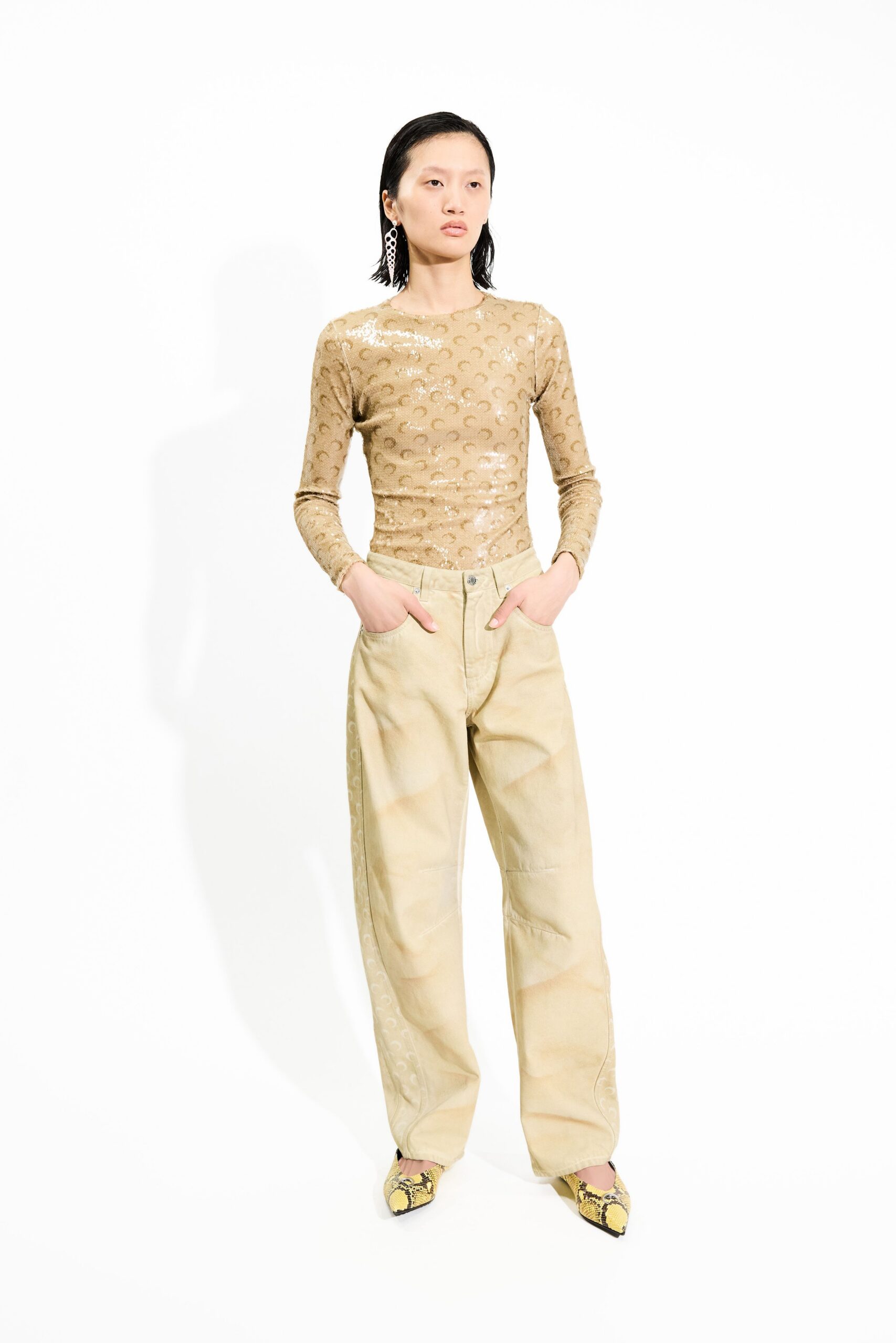 beige fitted top with relaxed pants