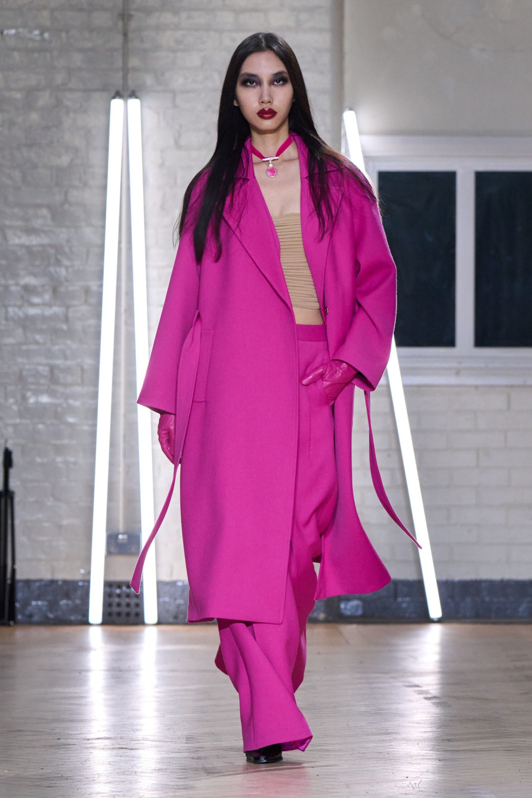 pink coat with beige top