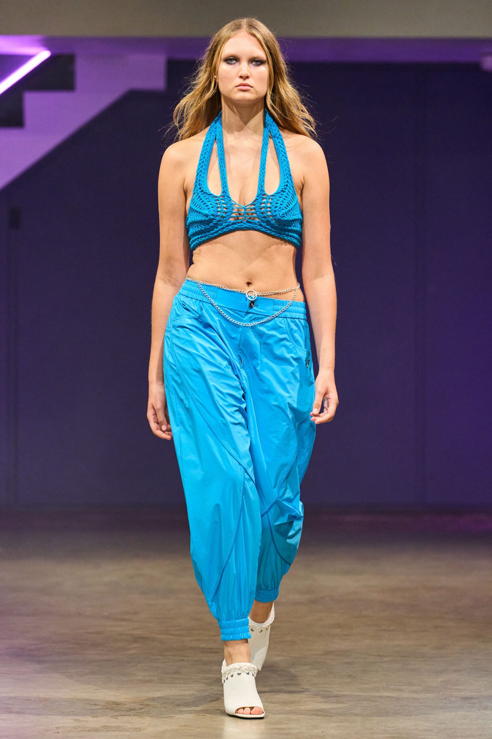 blue crochet top with relaxed pants