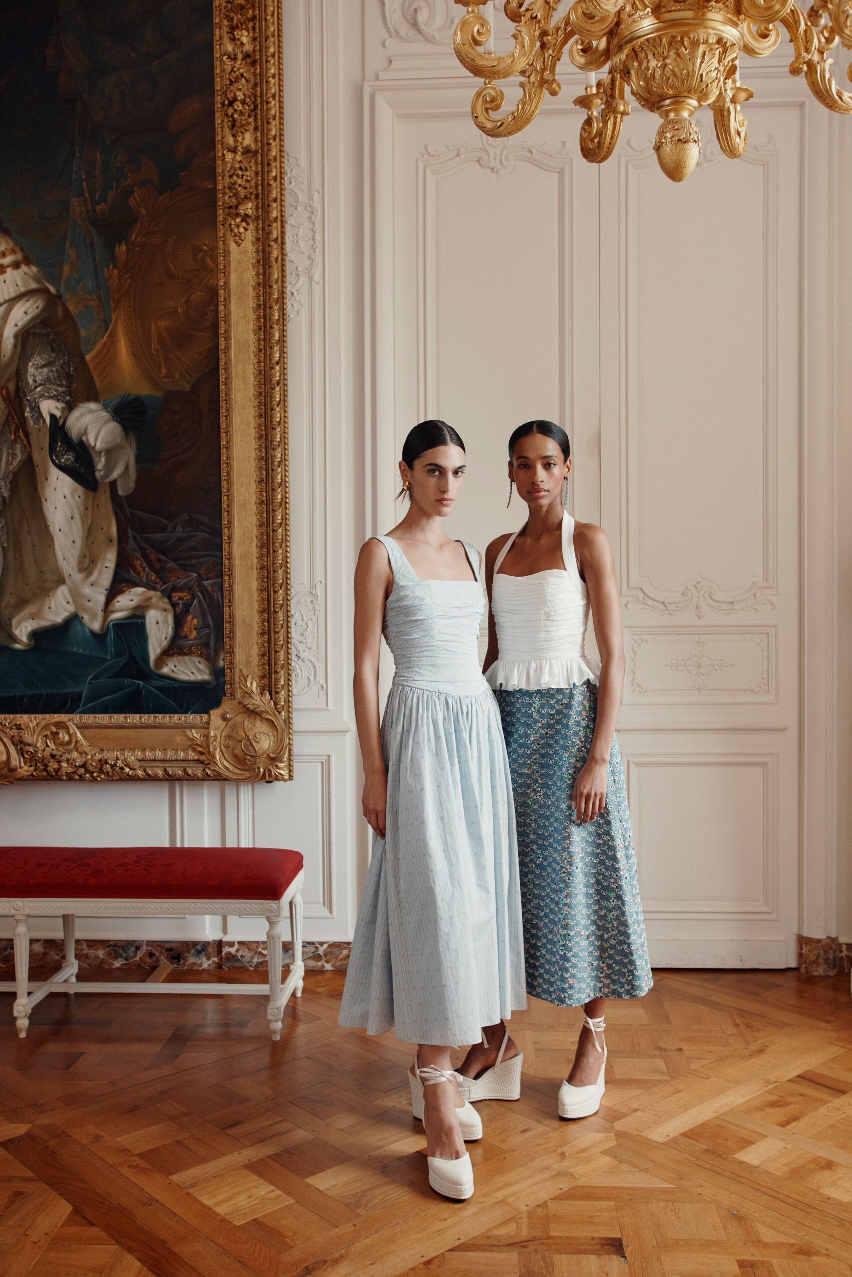 light blue and white dresses with platform shoes