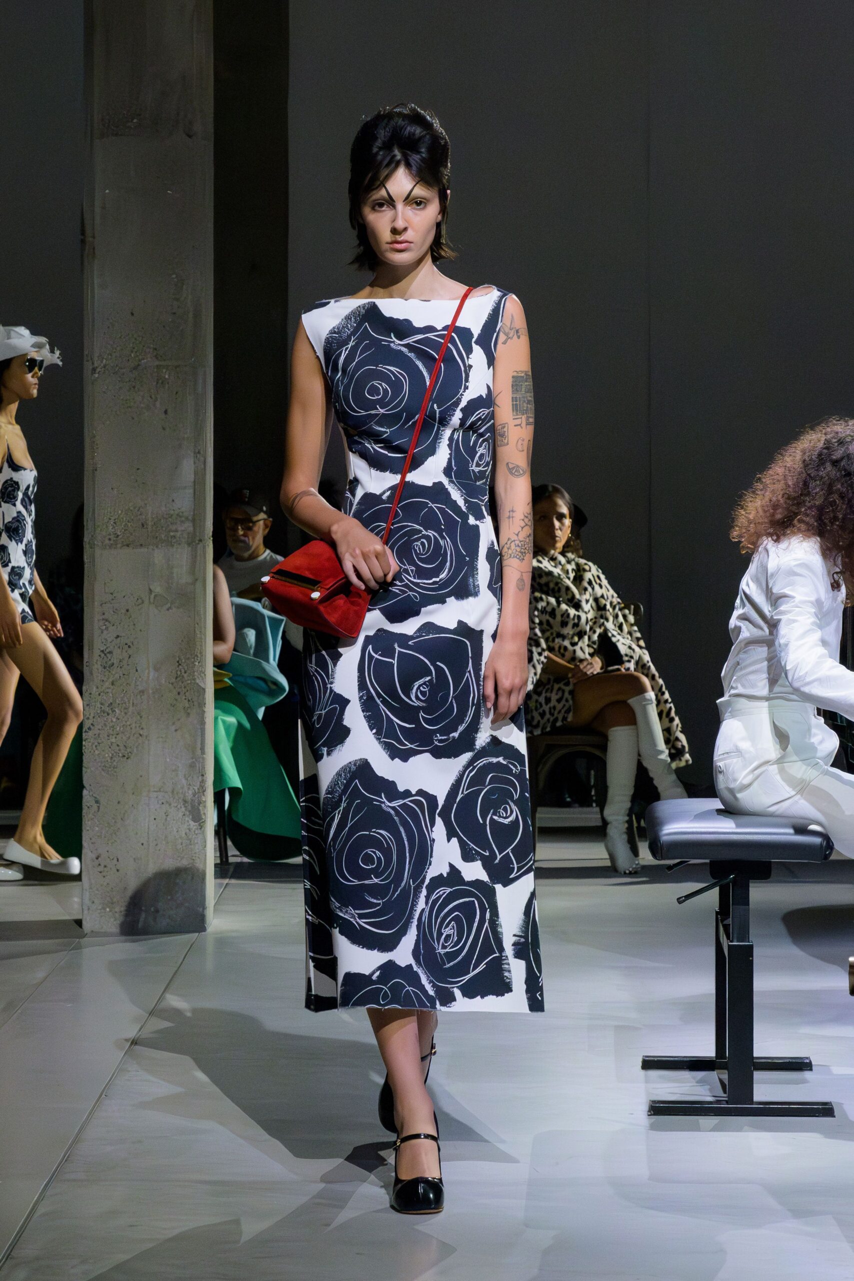 white cotton sleeveless high-neck fitted printed midi dress