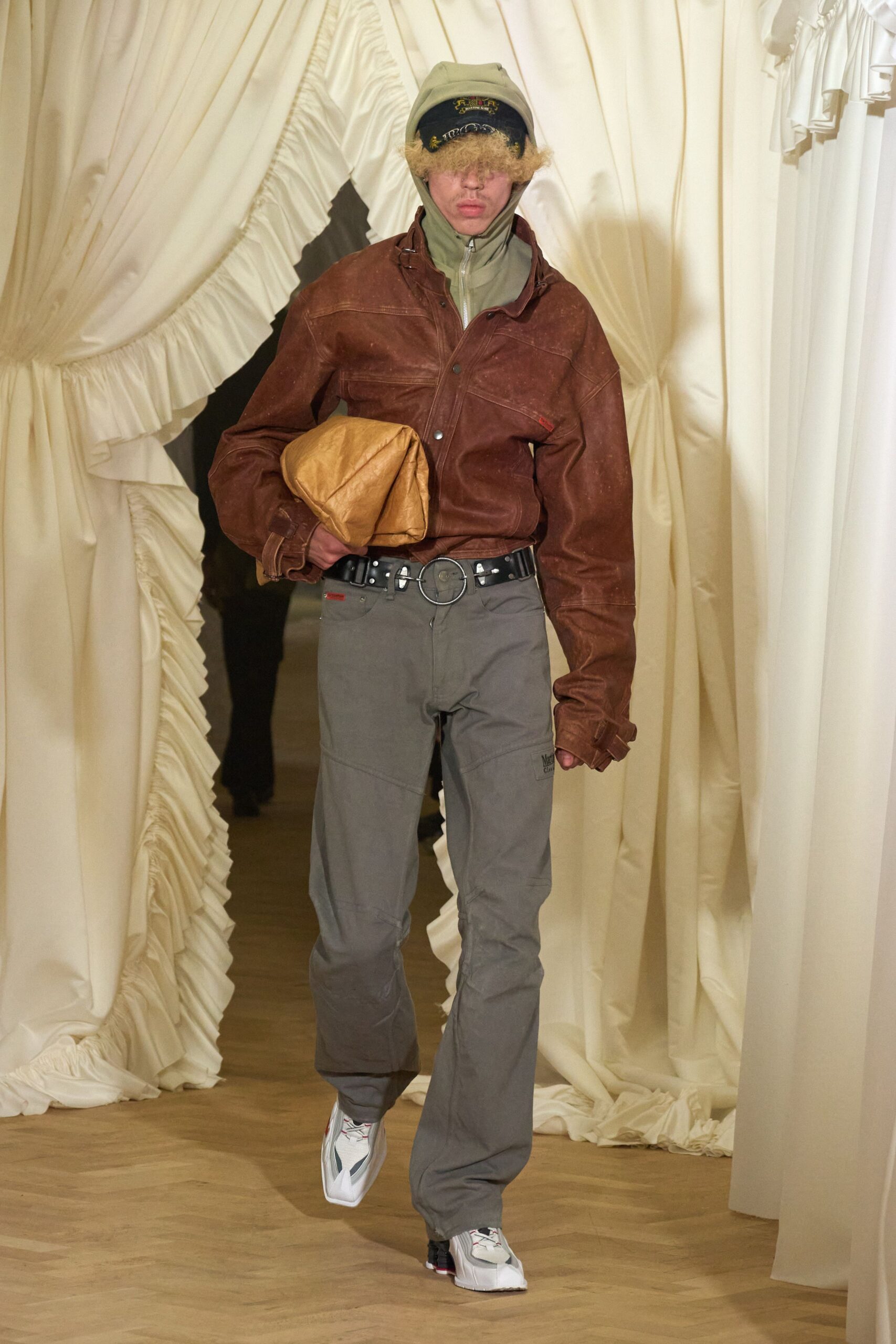 brown leather jacket with cargo pants