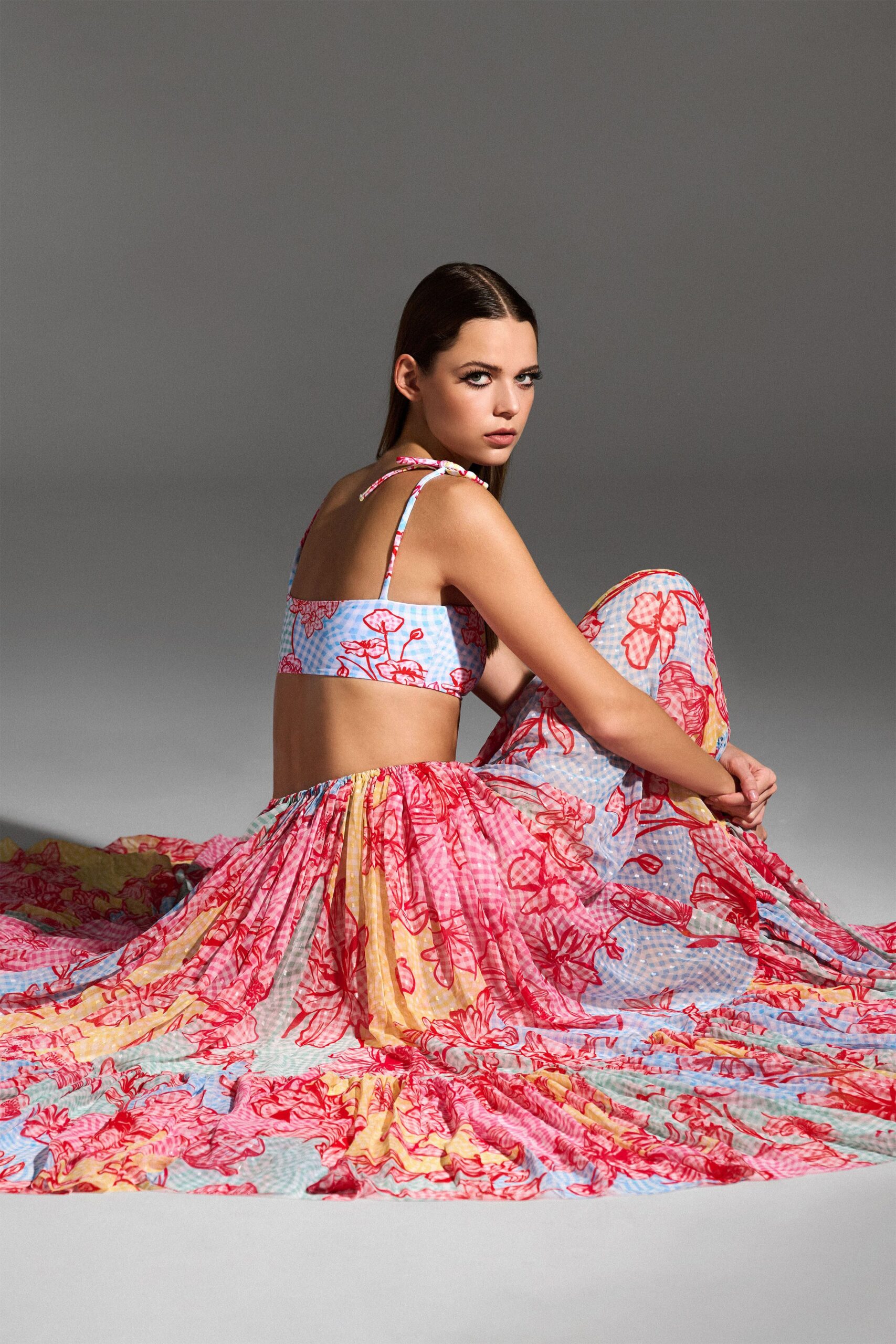 red blue yellow printed maxi dress