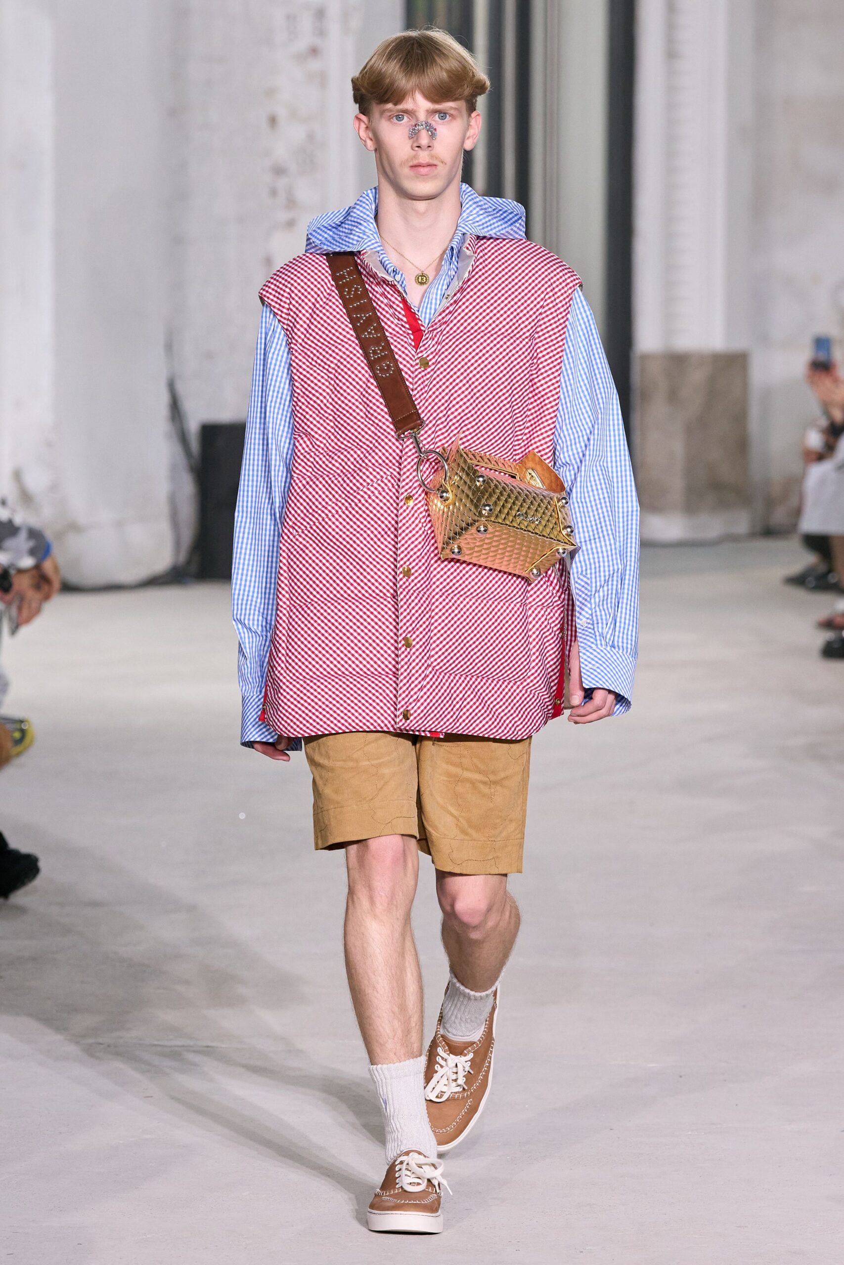 blue striped shirt with oversized vest