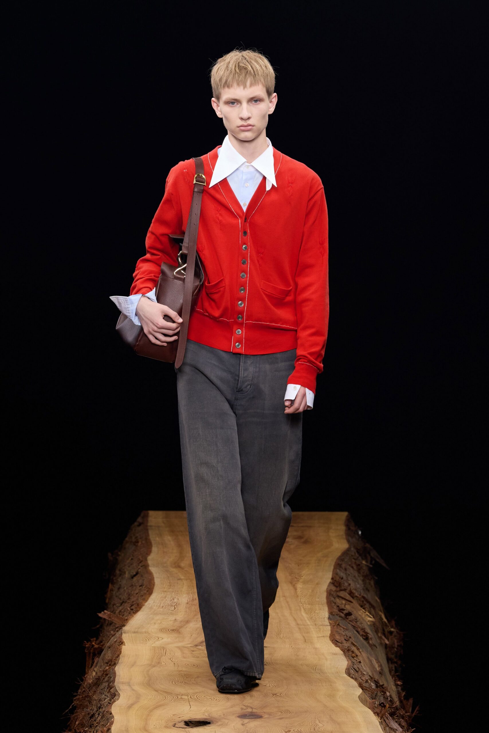 red cotton long-sleeve collared relaxed buttoned cardigan