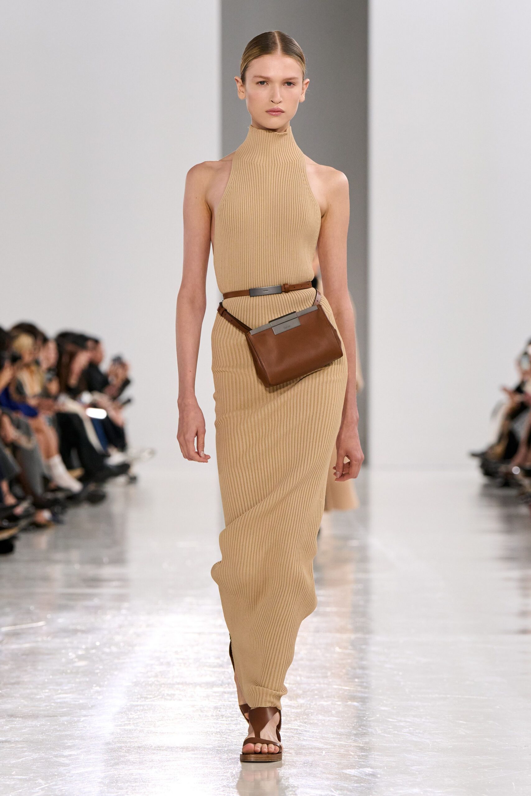 beige knit sleeveless high-neck fitted ribbed maxi dress