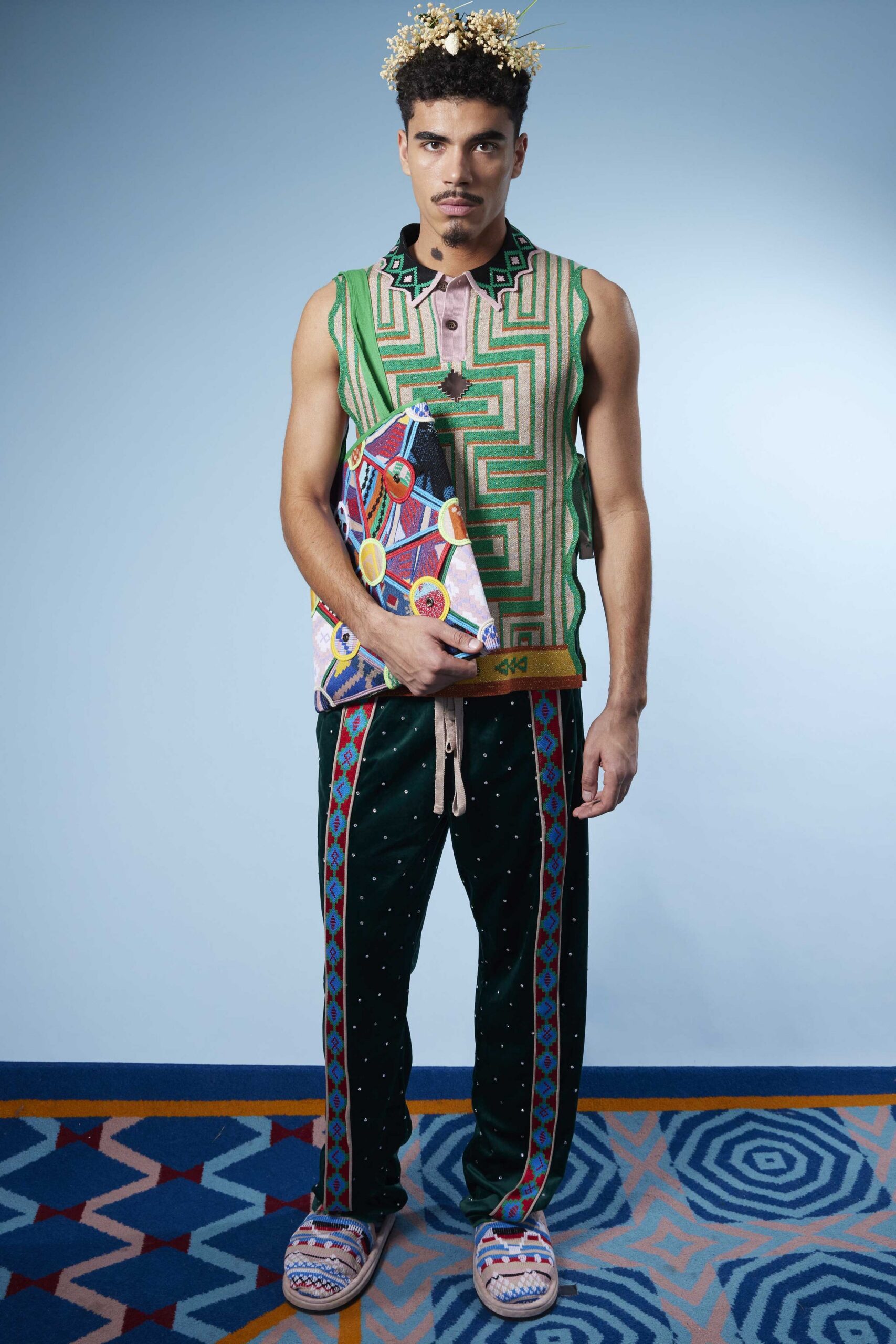 green cotton sleeveless collared fitted printed top