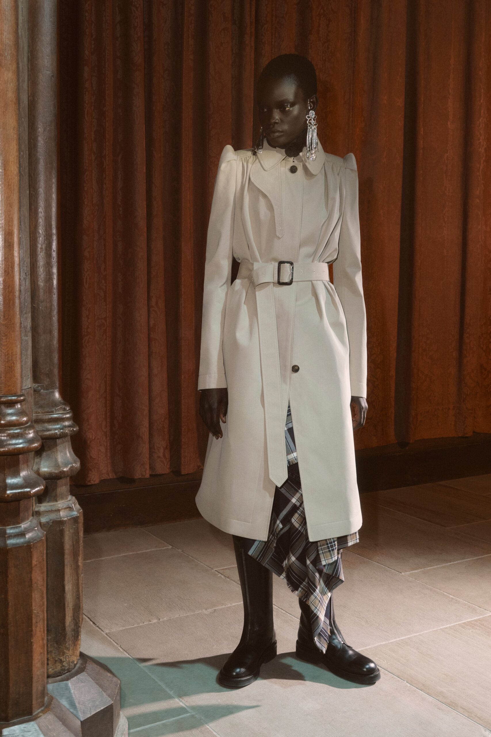 beige cotton long-sleeve collared fitted belted trench