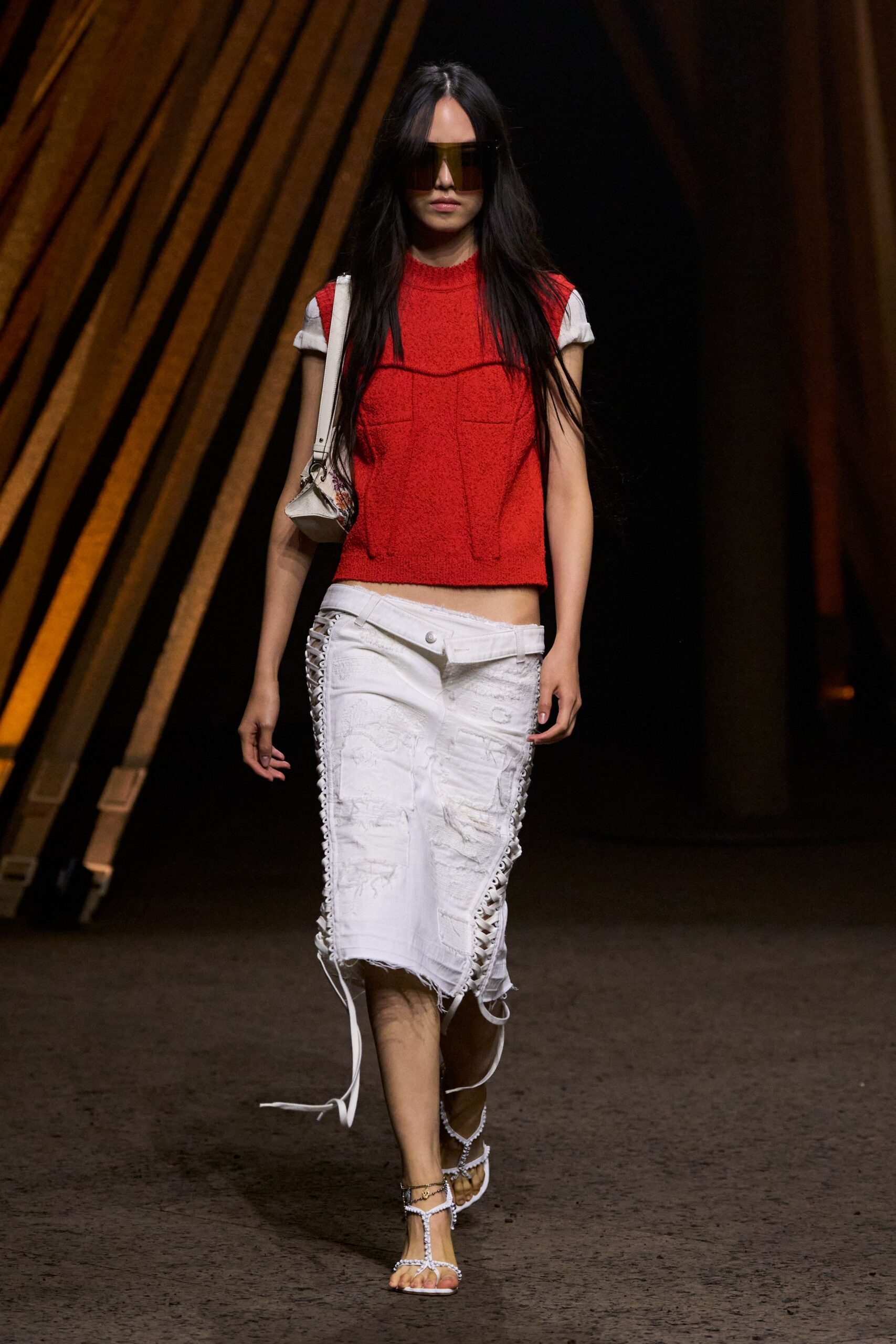 red fitted top white distressed skirt