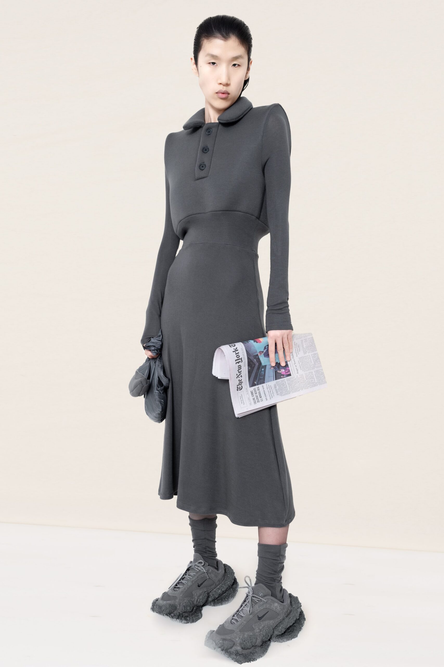 gray cotton long-sleeve collared fitted a-line midi dress