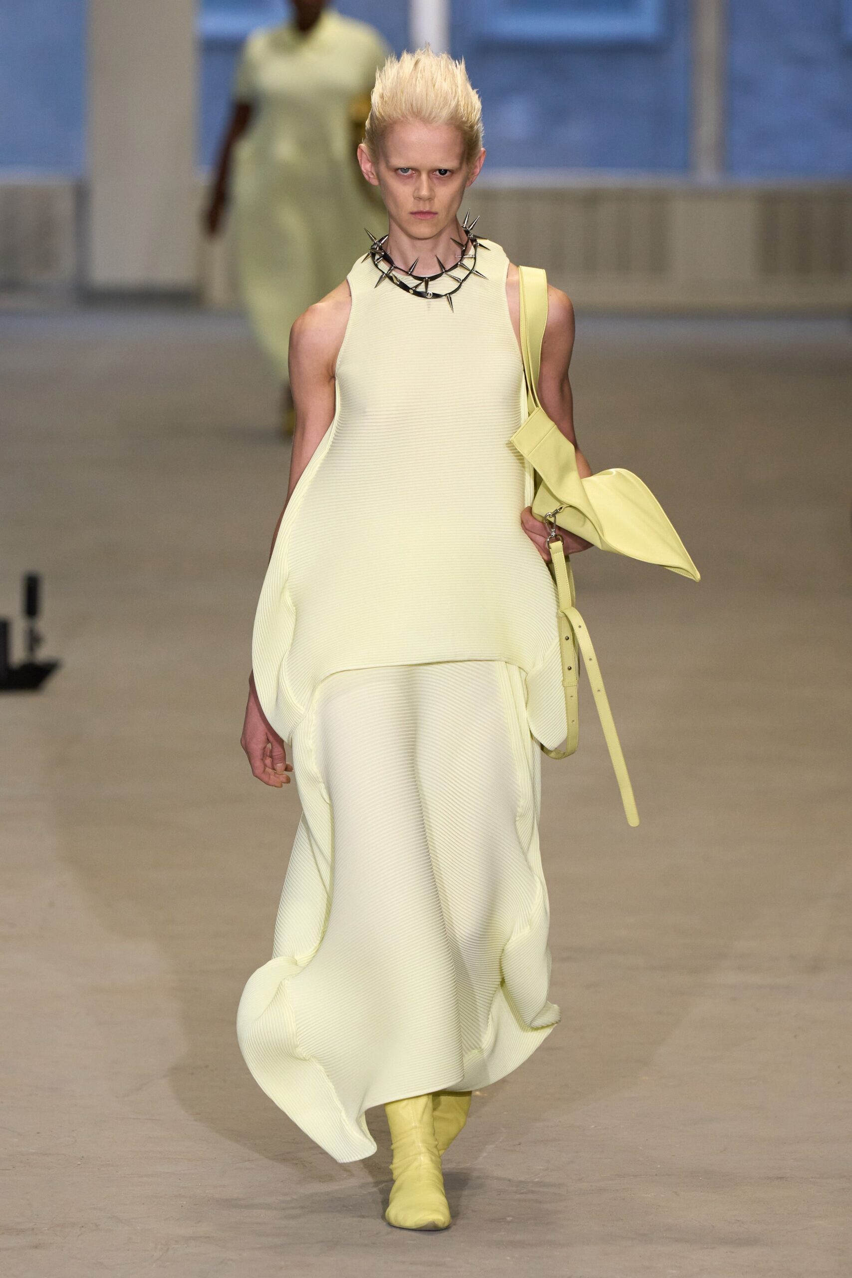 yellow neoprene sleeveless high-neck relaxed draped midi dress