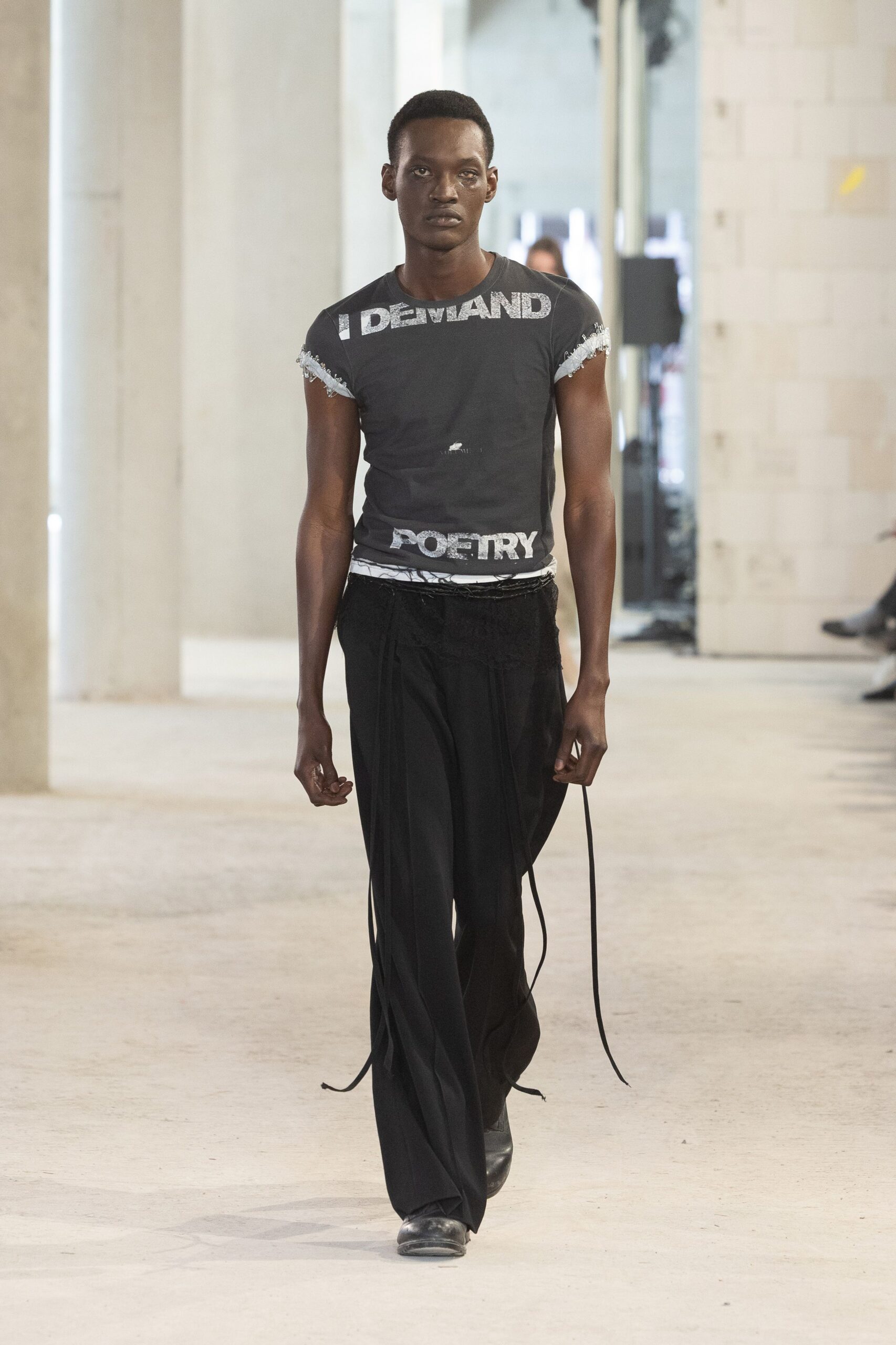 black t-shirt and relaxed pants