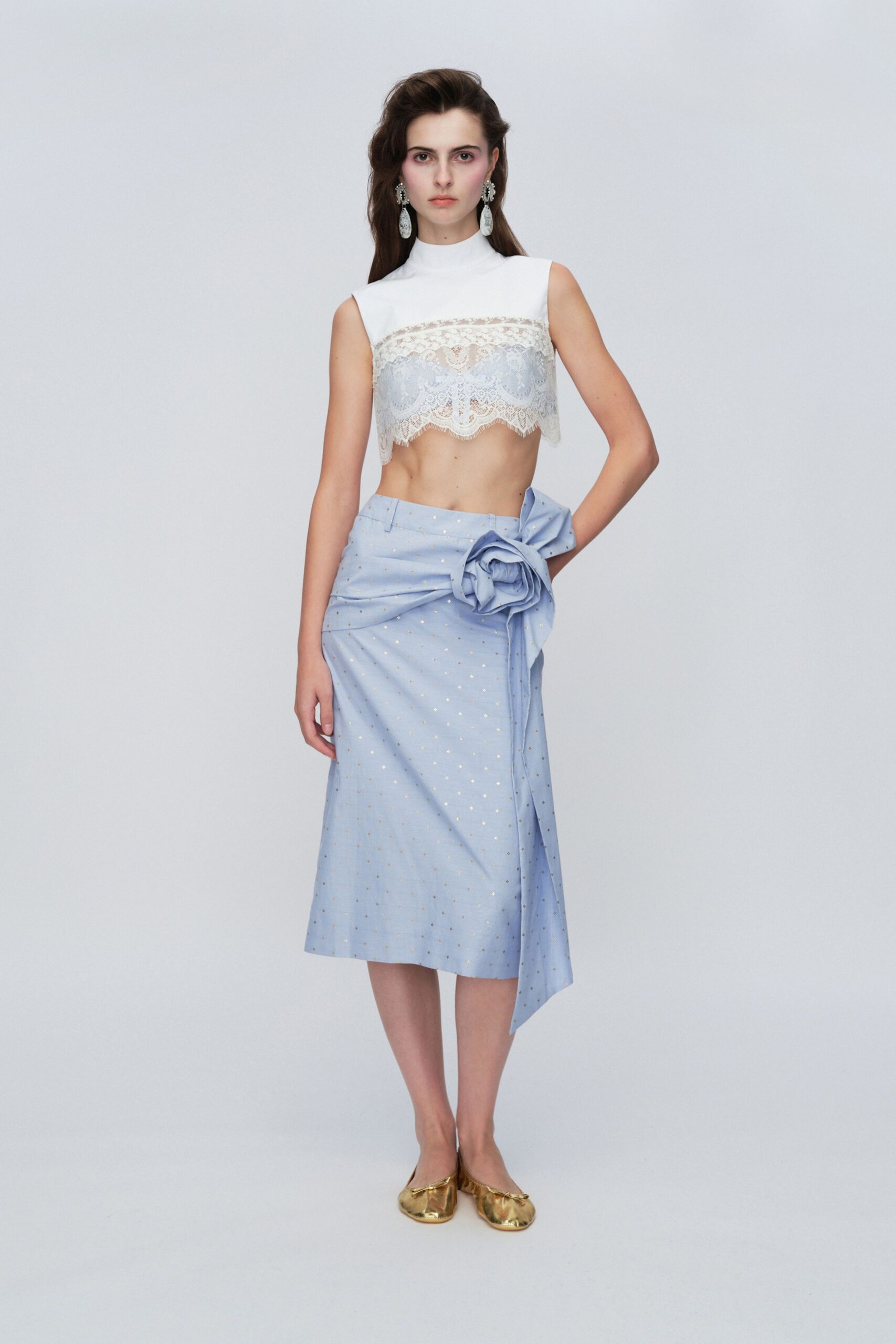 white lace fitted top with blue midi skirt