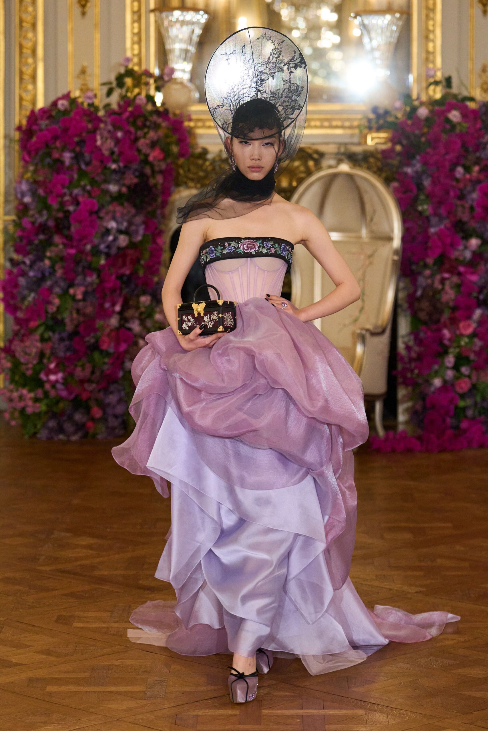 purple silk strapless fitted tiered ruffled flowing gown