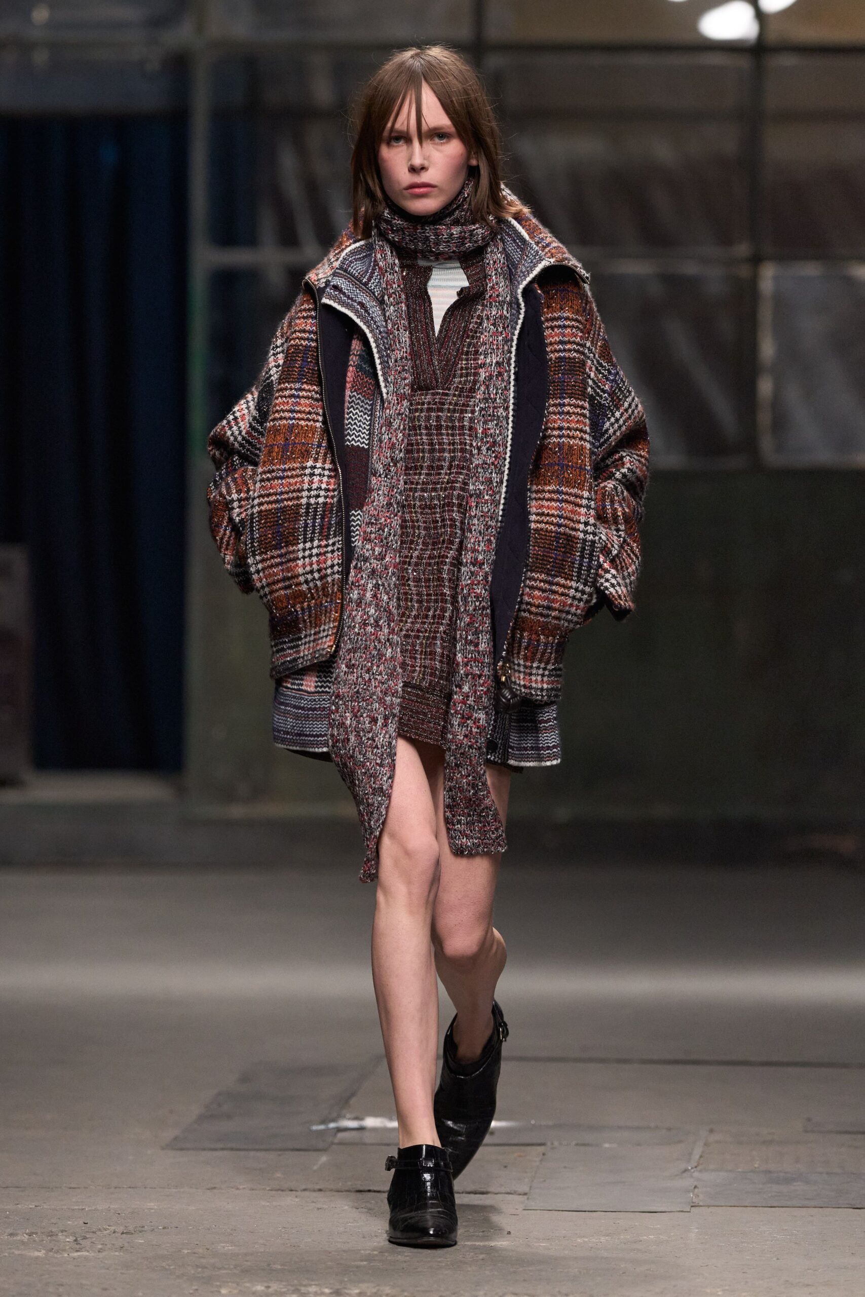 multi wool long-sleeve oversized checked coat