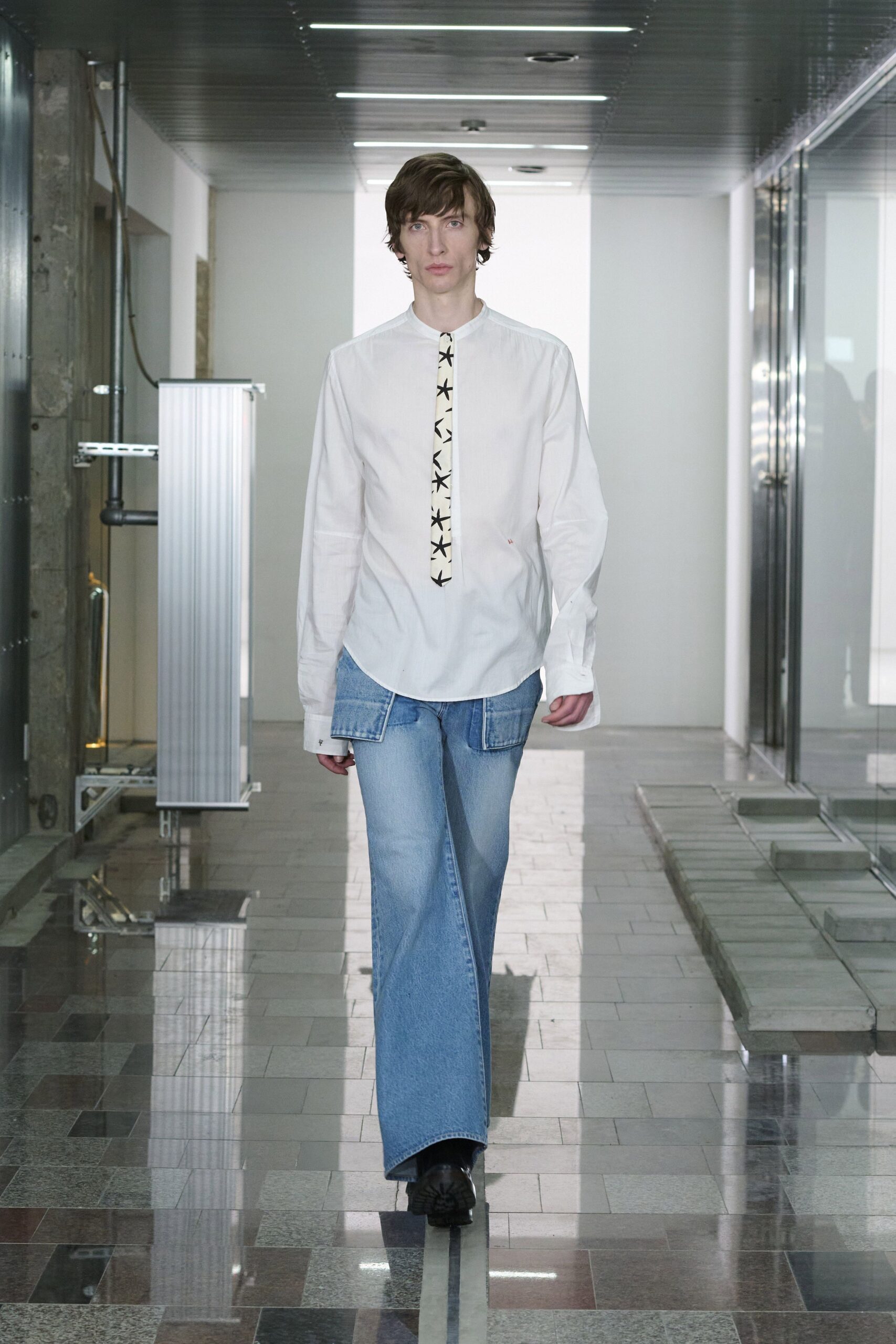 white fitted shirt blue denim pants