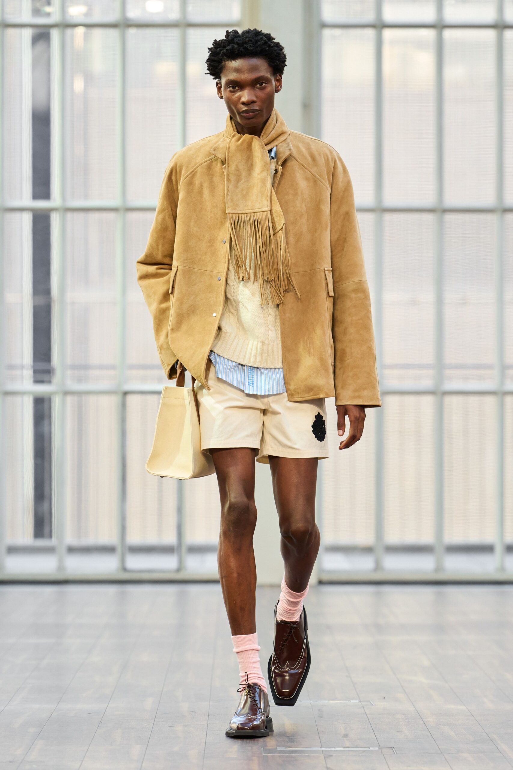 beige suede long-sleeve collared relaxed fringed jacket