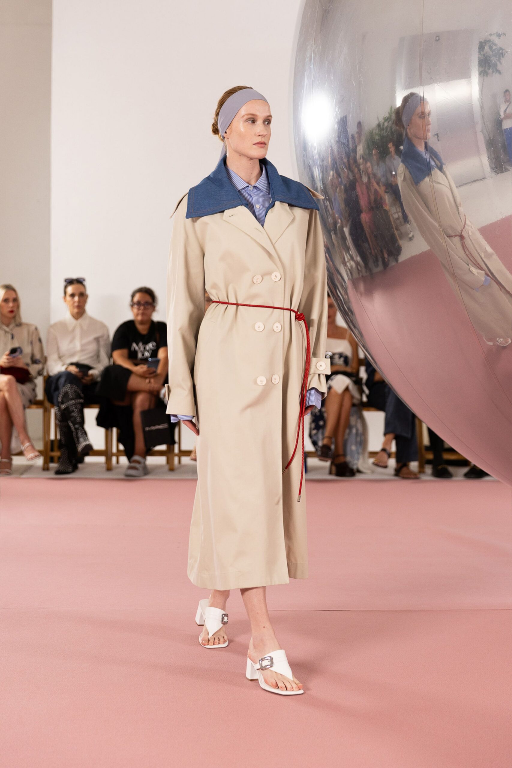 beige double-breasted belted trench