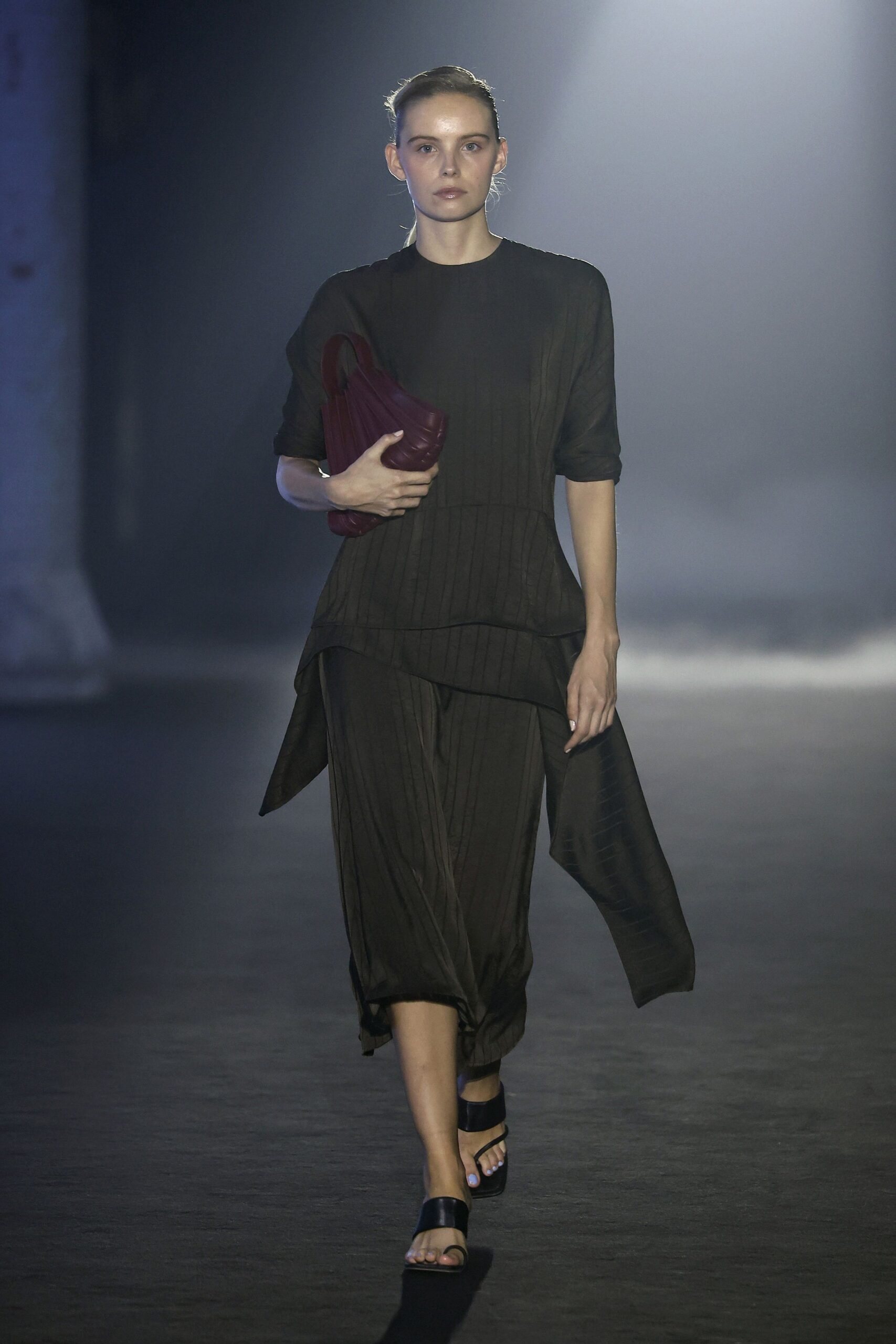 black silk short-sleeve high-neck relaxed pleated flowing dress