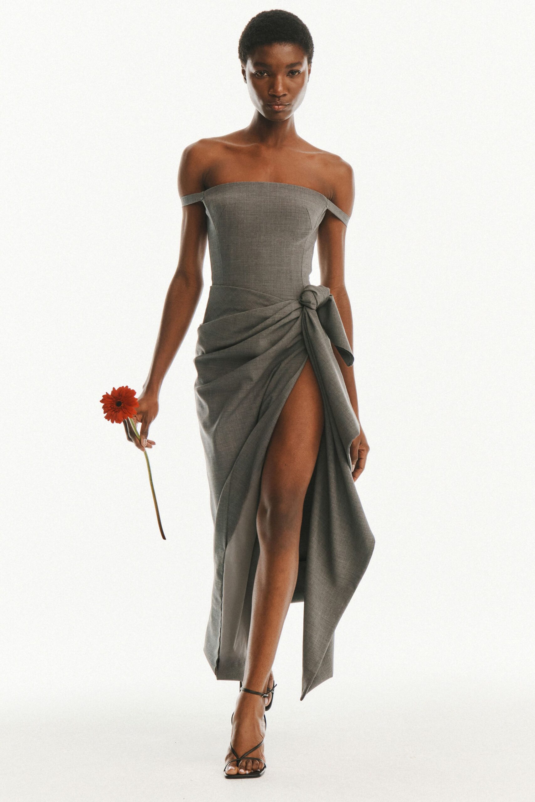 gray strapless gown with slit