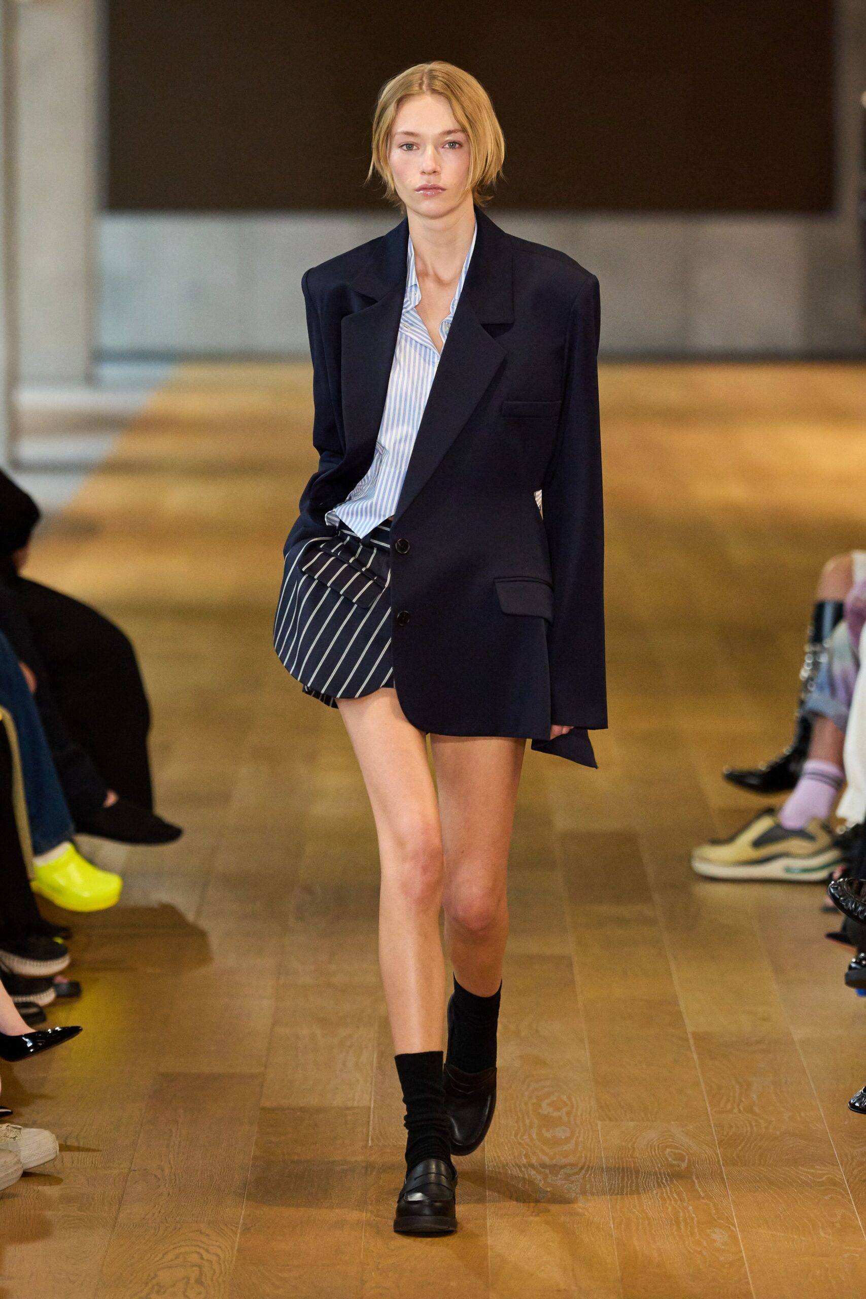 oversized navy blazer with striped shirt