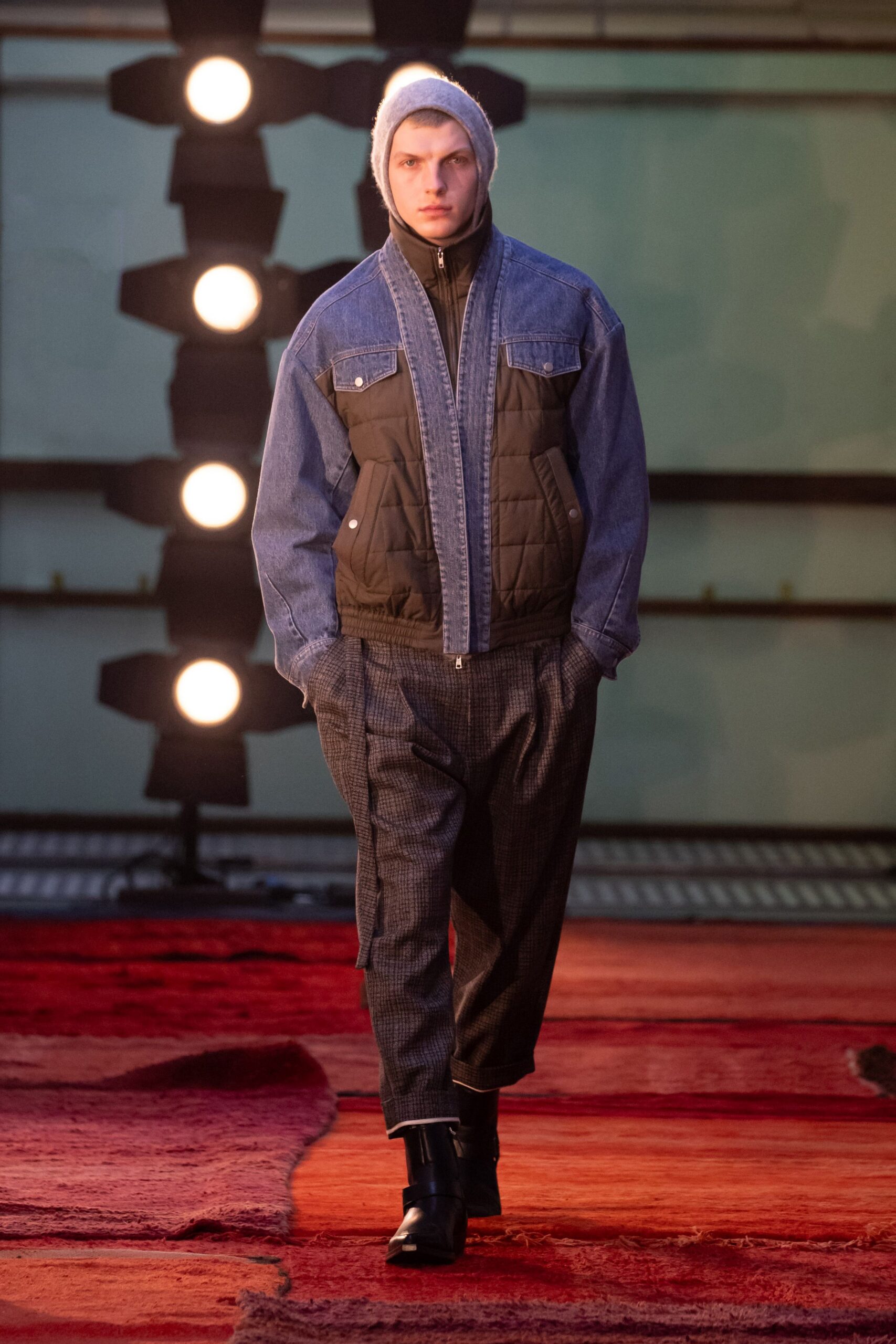 blue denim jacket with gray pants