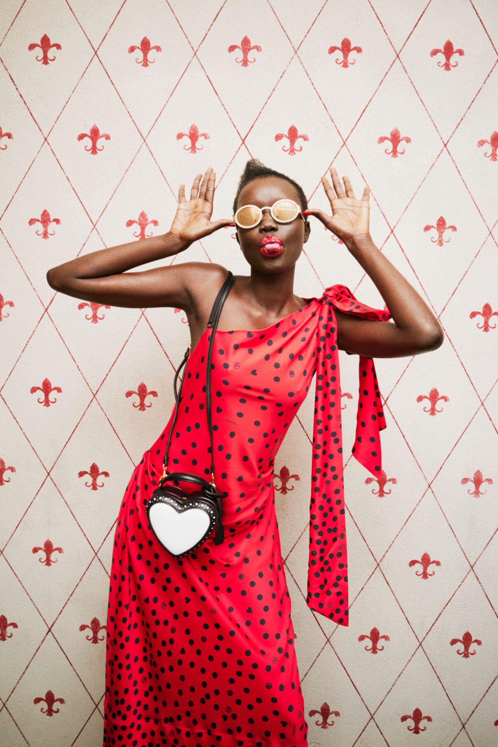 red silk sleeveless asymmetric fitted polka-dot draped dress
