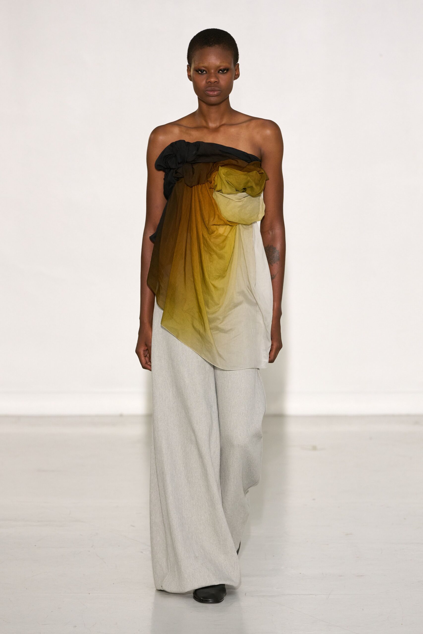 black silk sleeveless off-shoulder relaxed draped flowing top