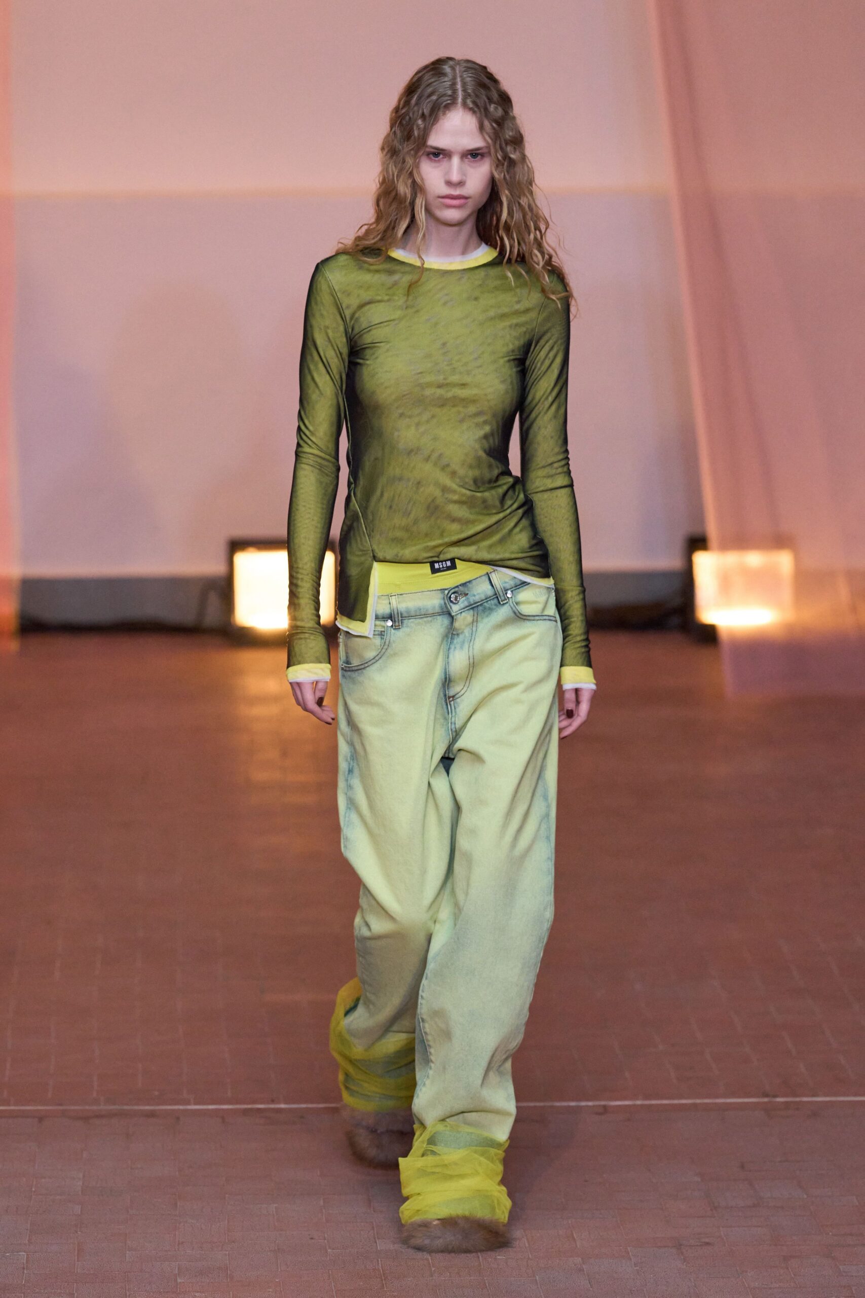 green mesh long-sleeve high-neck fitted textured sheer top