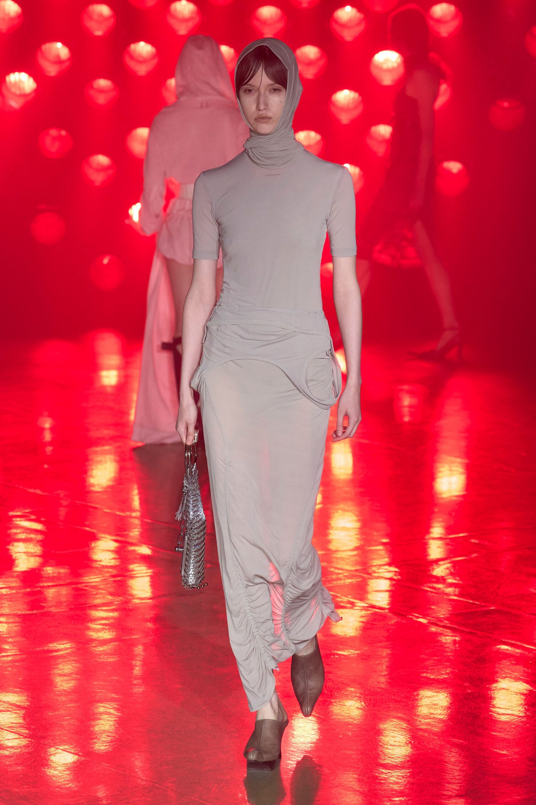 gray cotton long-sleeve high-neck fitted ruched sheer dress