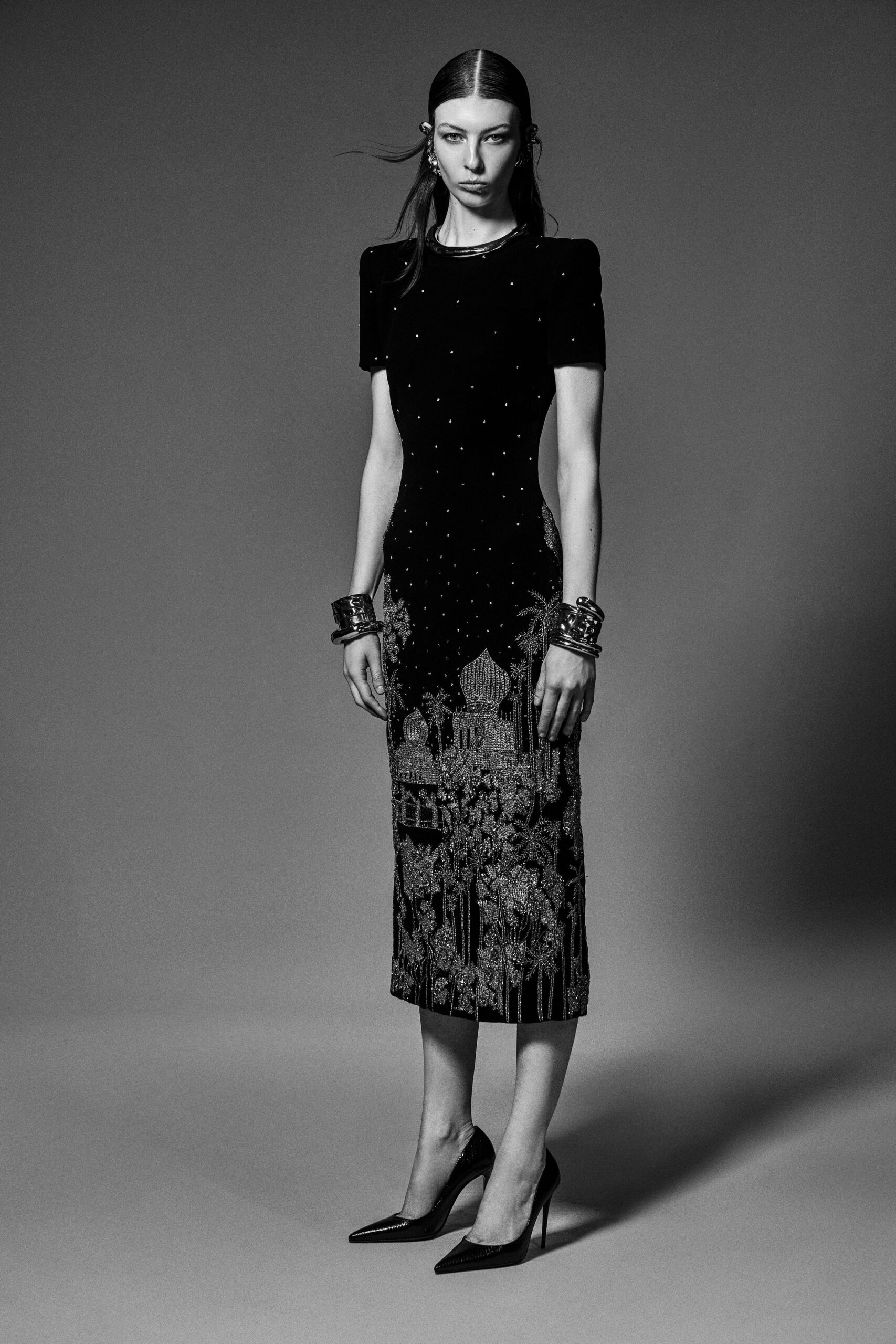 black velvet embroidered midi dress