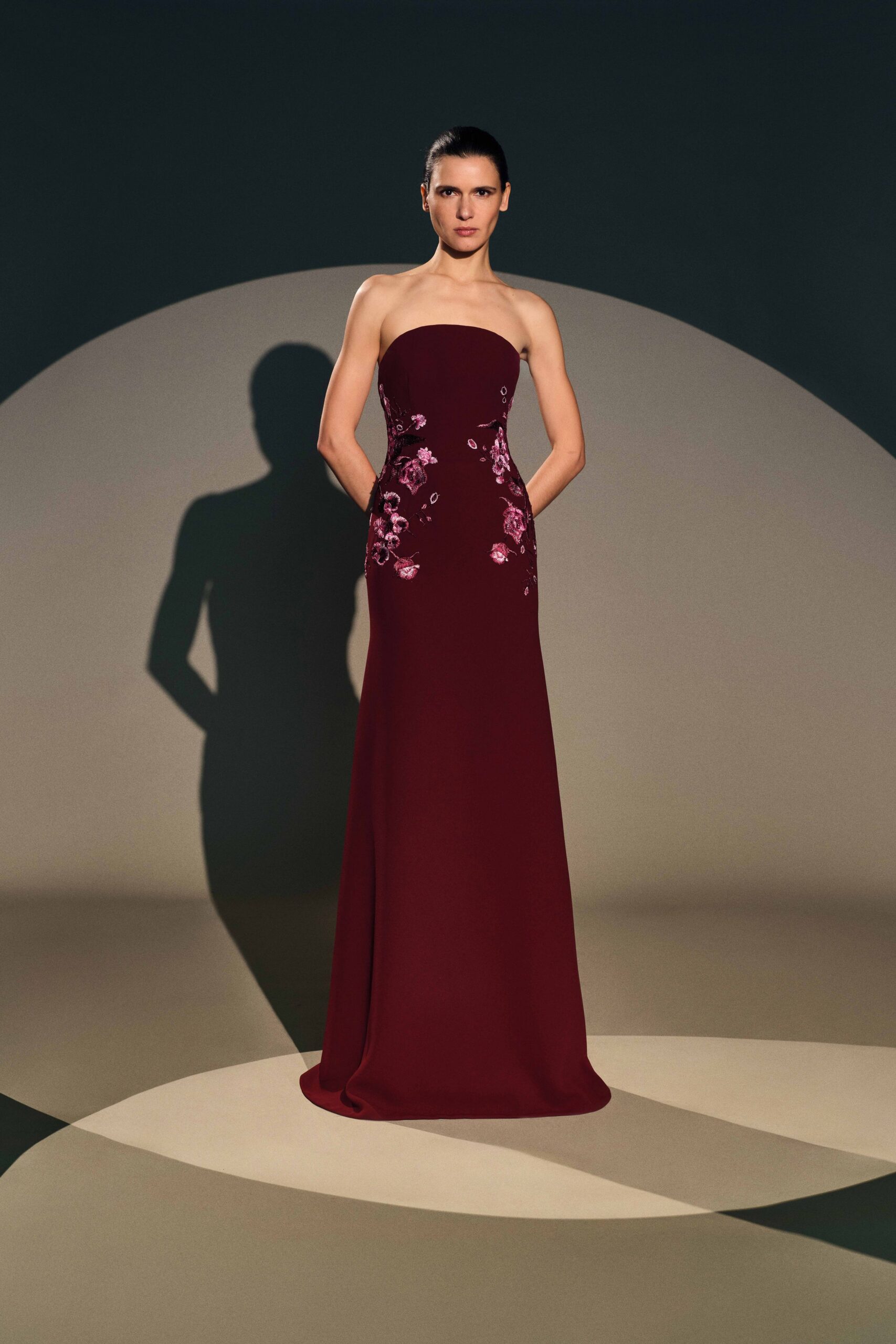 maroon silk strapless gown