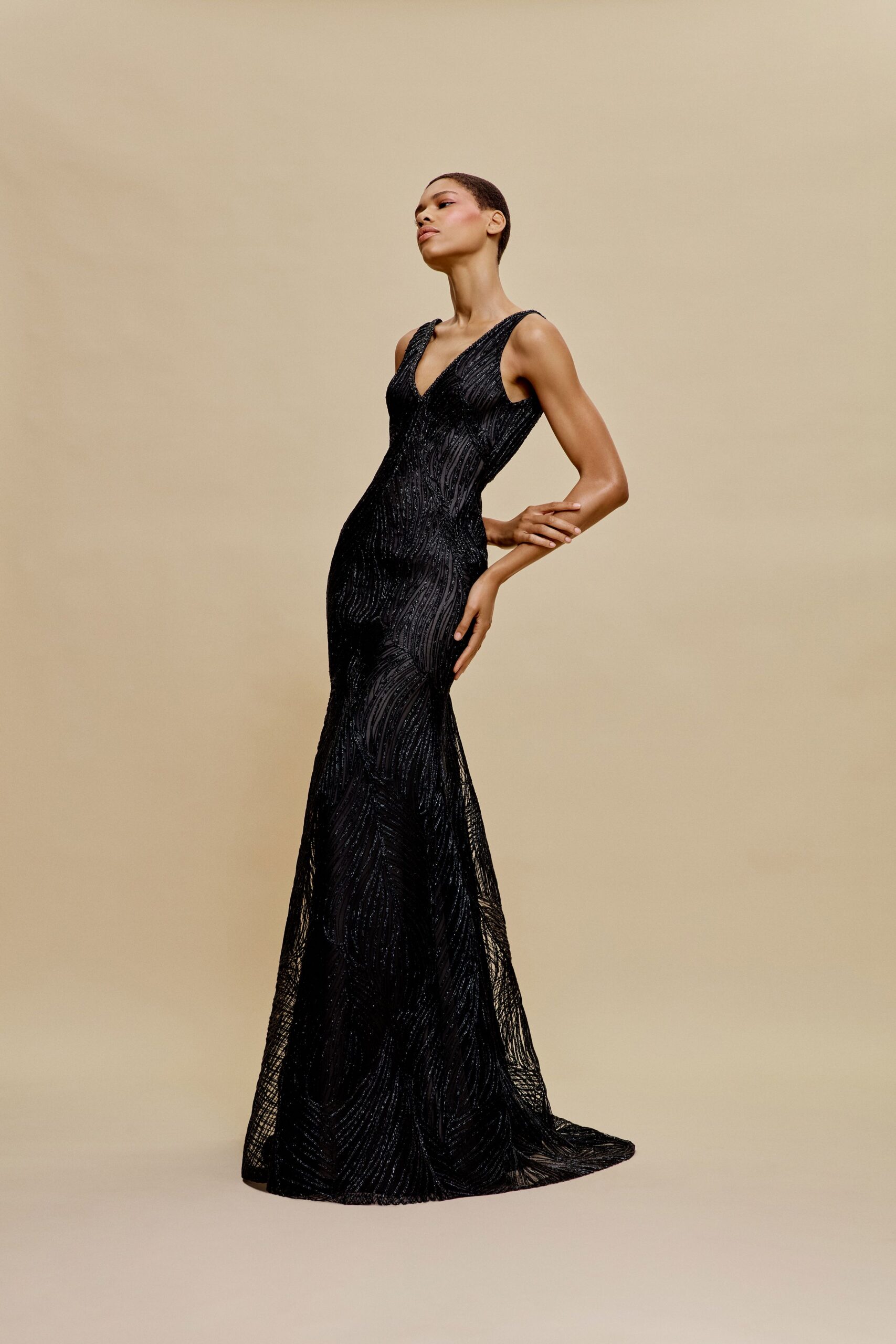 black silk sleeveless gown