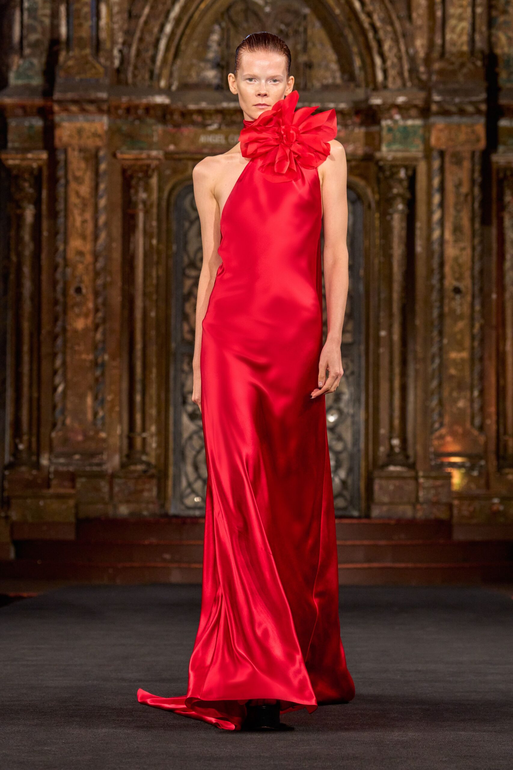 fitted red silk gown