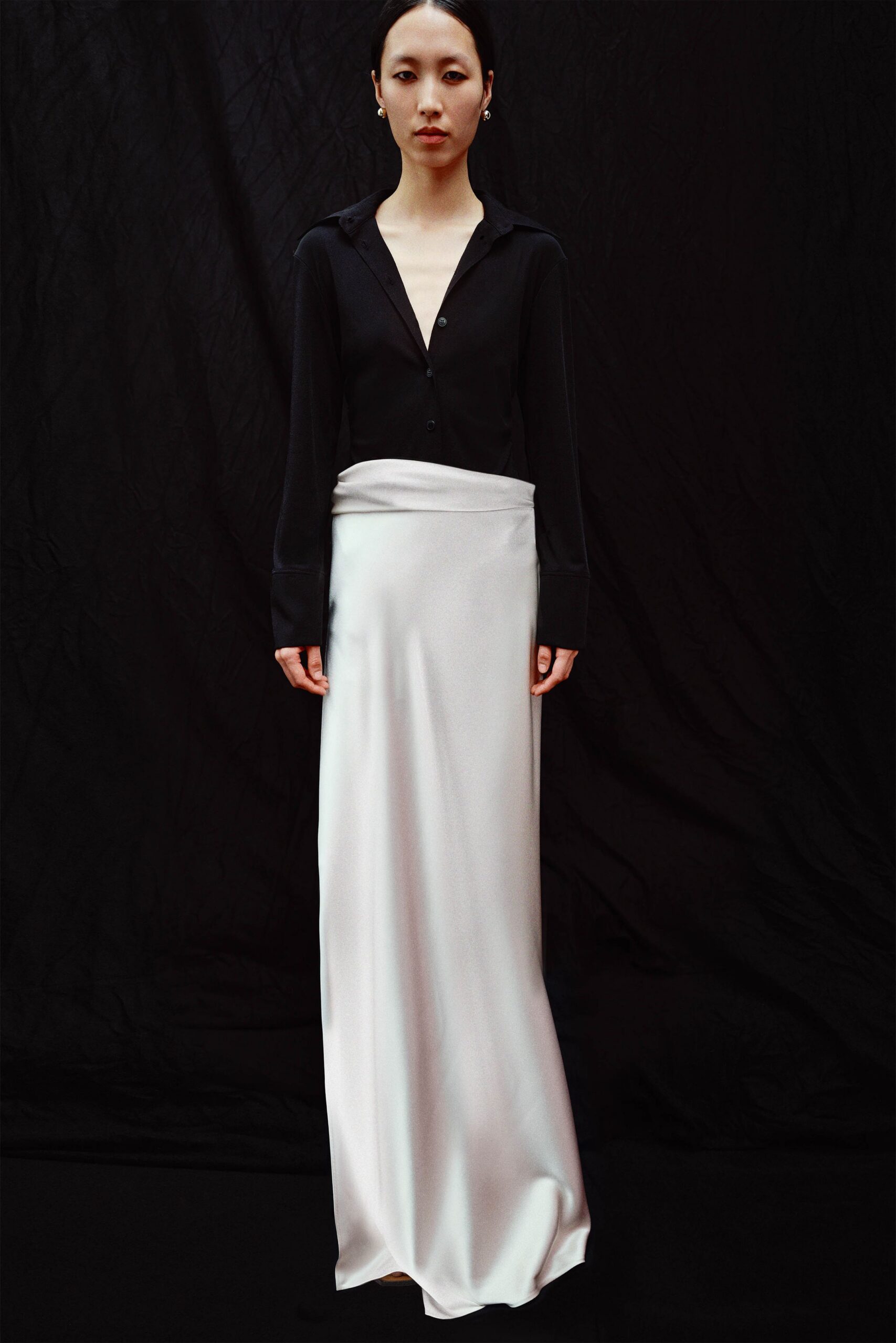 white silk fitted straight-leg flowing maxi skirt