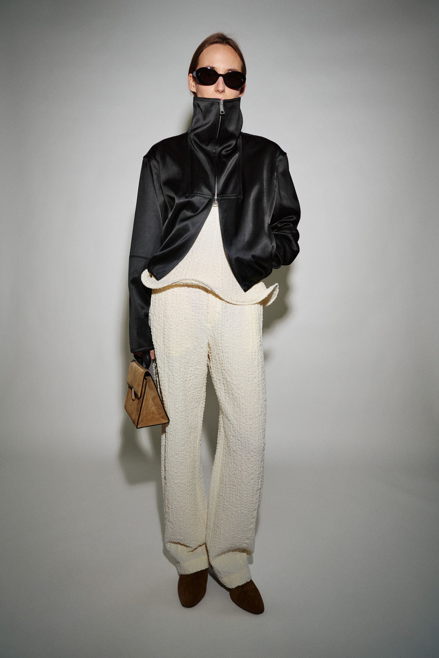 black silk jacket white top pants