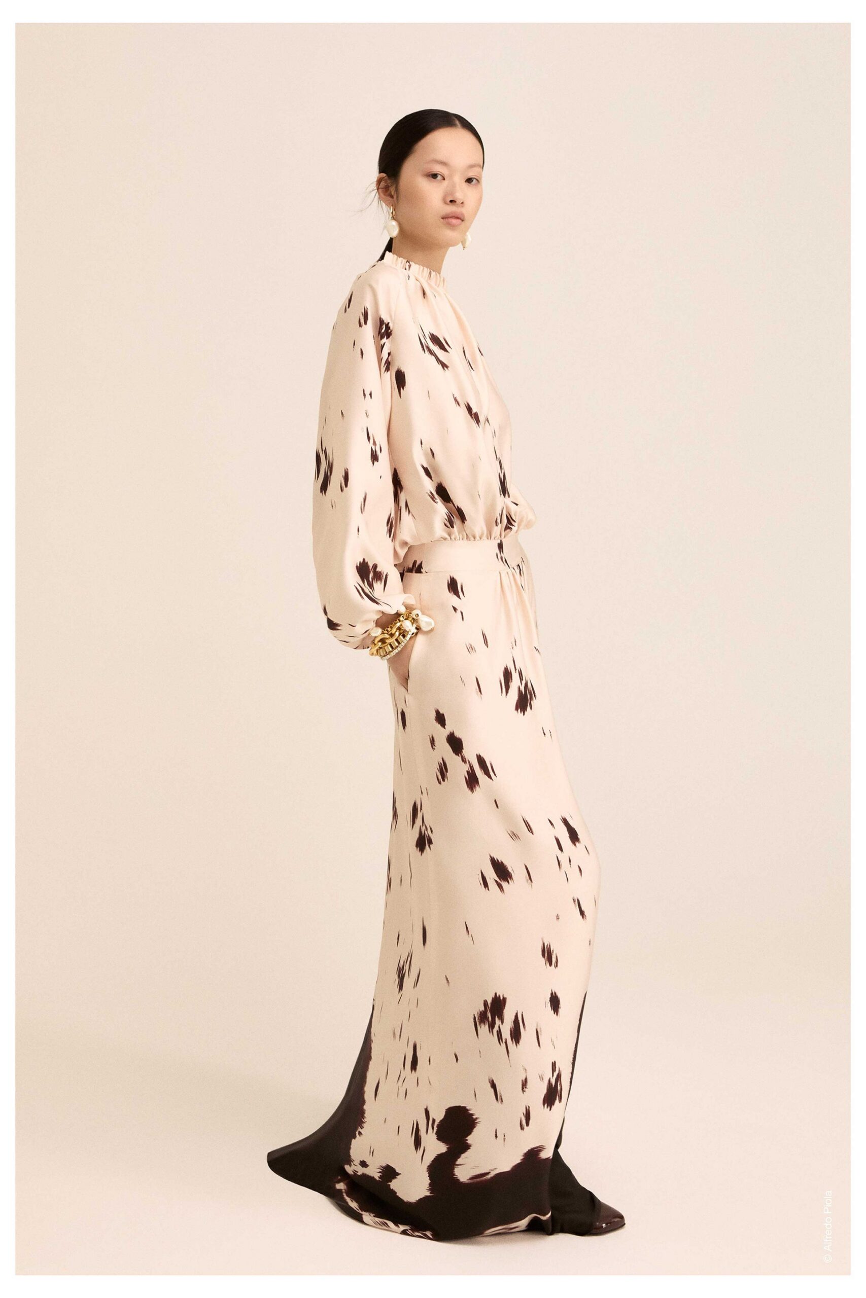 beige and black printed gown