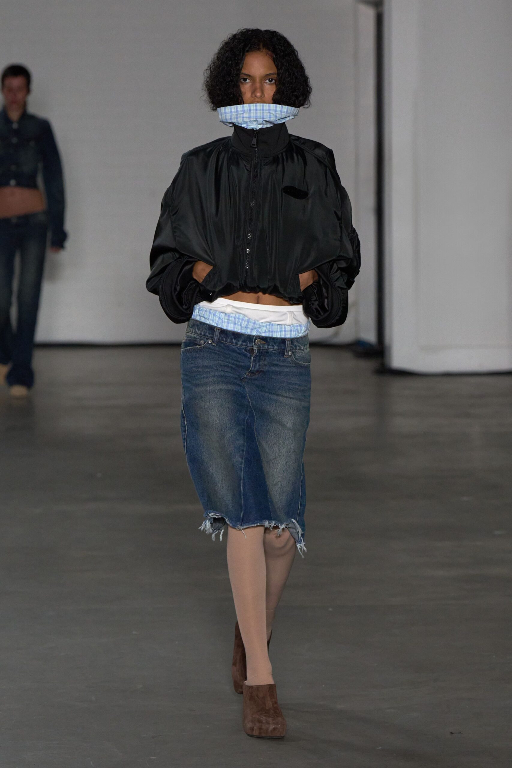 black silk relaxed jacket with blue shirt